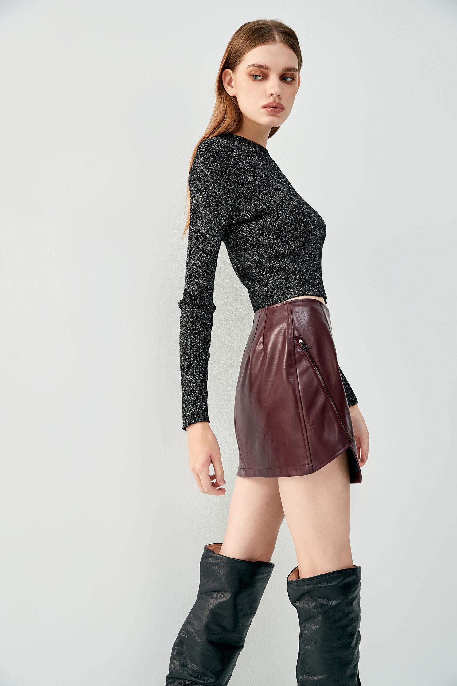 Maroon Pu Mini SkirtDark red imitate leather skirt,Party Looks,Leather,Mini skirts,Season (AW) Look,Lucky Red