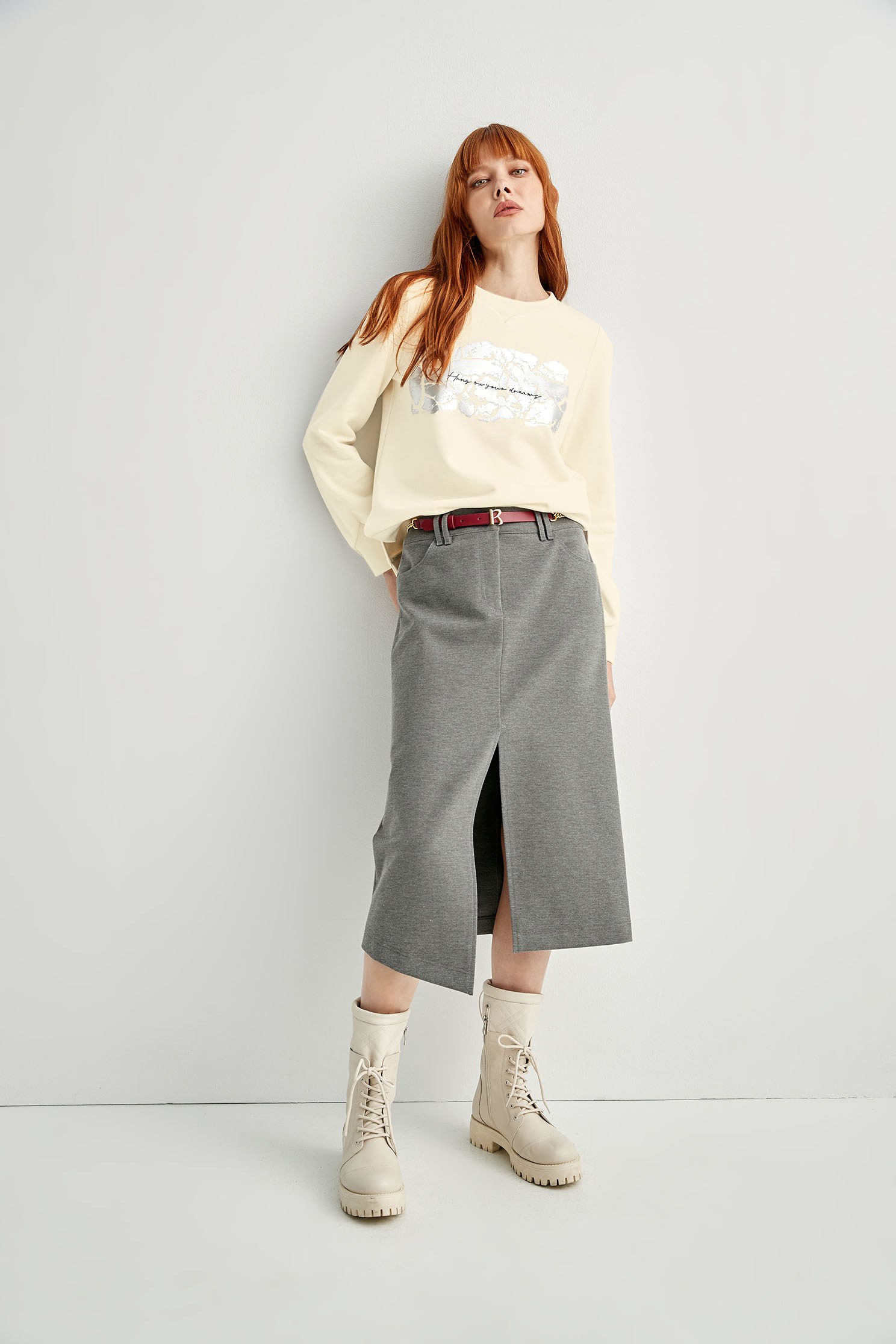 Front Slit Asymmetric Grey SkirtPseudo-denim midi skirt,Denim,Season (AW) Look,Pencil skirts,Midi skirts