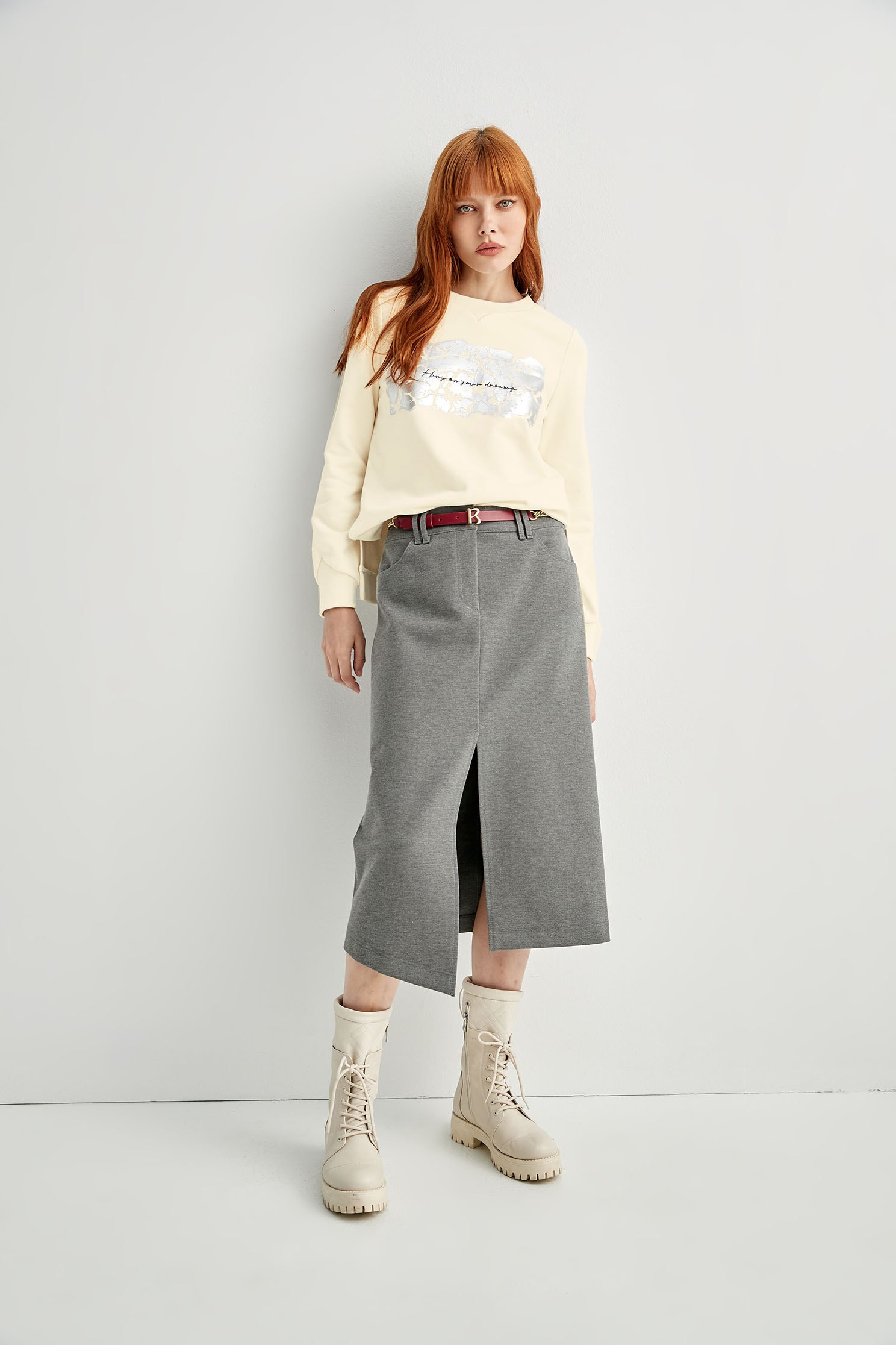 Front Slit Asymmetric Grey SkirtPseudo-denim midi skirt,Denim,Season (AW) Look,Pencil skirts,Midi skirts