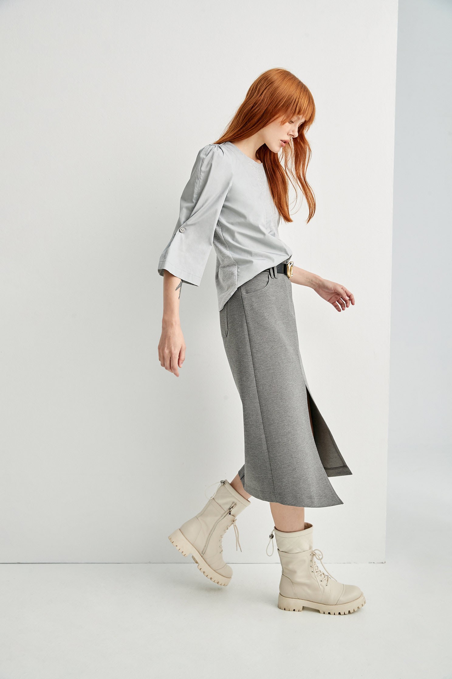 Front Slit Asymmetric Grey SkirtPseudo-denim midi skirt,Denim,Season (AW) Look,Pencil skirts,Midi skirts