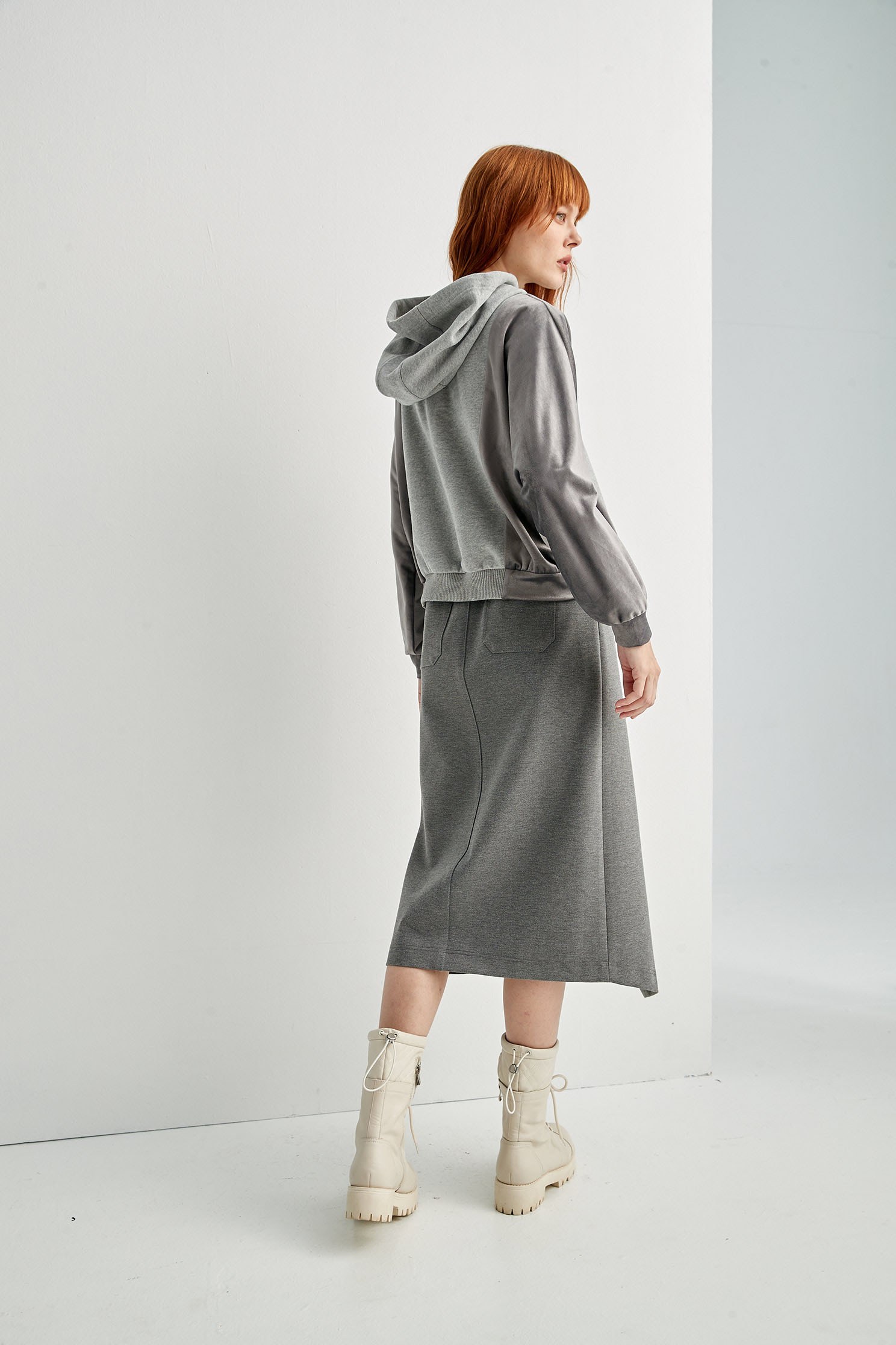 Front Slit Asymmetric Grey SkirtPseudo-denim midi skirt,Denim,Season (AW) Look,Pencil skirts,Midi skirts