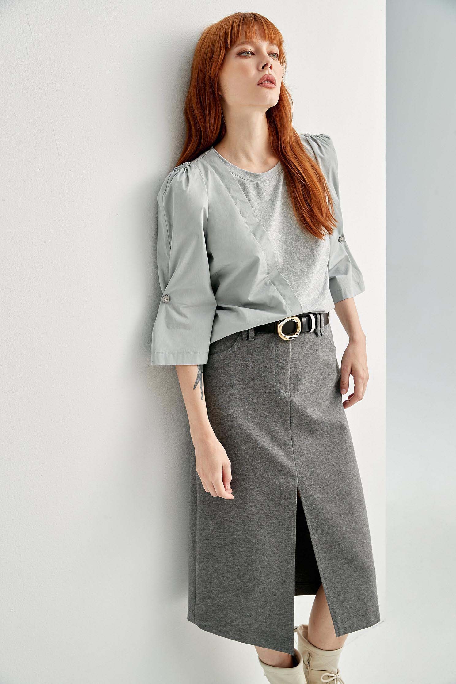 Front Slit Asymmetric Grey SkirtPseudo-denim midi skirt,Denim,Season (AW) Look,Pencil skirts,Midi skirts