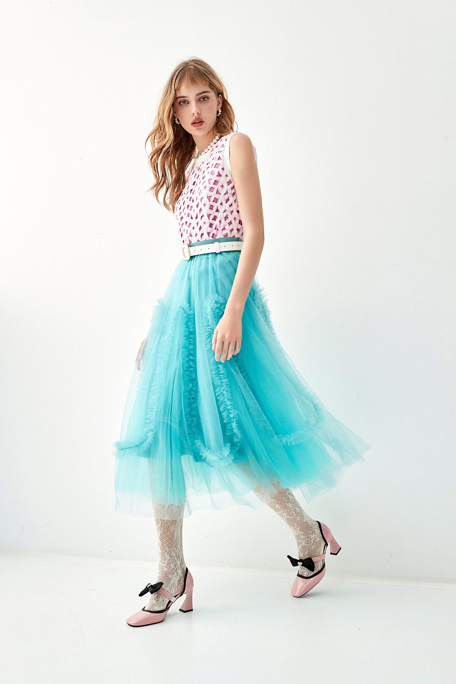 Blue Mesh Skirt With Pleated Ruffle DetailBlue Mesh Skirt With Pleated Ruffle Detail,Season (AW) Look,Mesh fabric,Tutu skirts,Midi skirts