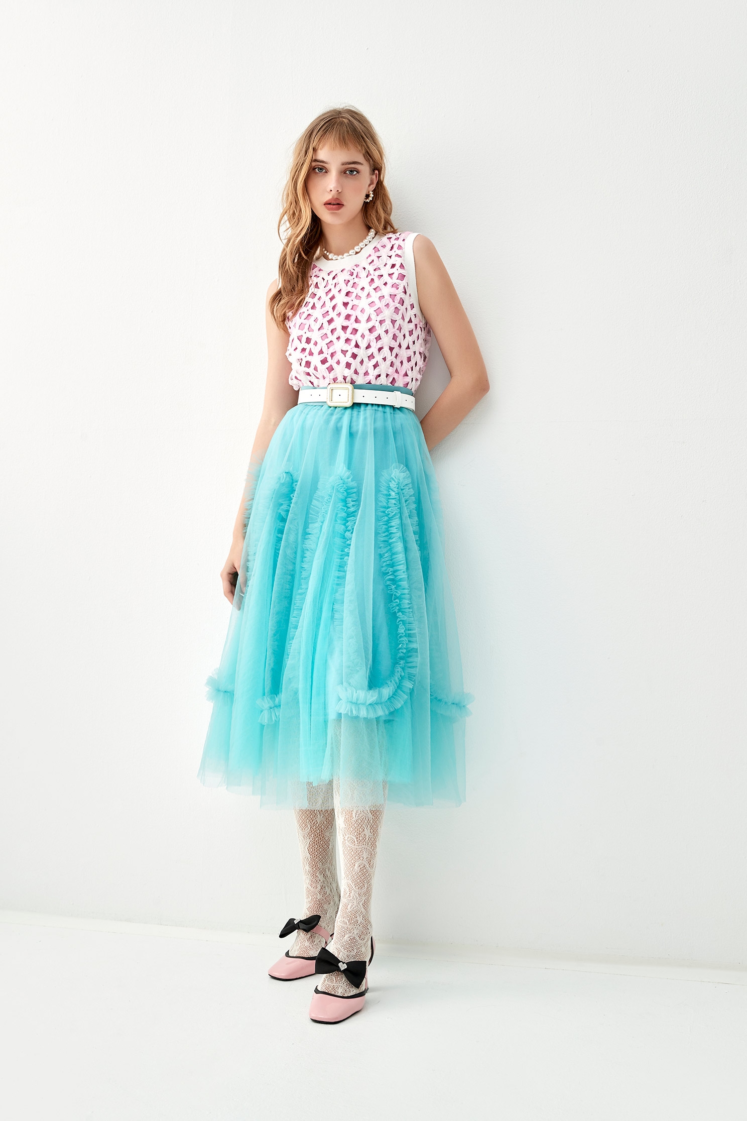 Blue Mesh Skirt With Pleated Ruffle DetailBlue Mesh Skirt With Pleated Ruffle Detail,Season (AW) Look,Mesh fabric,Tutu skirts,Midi skirts