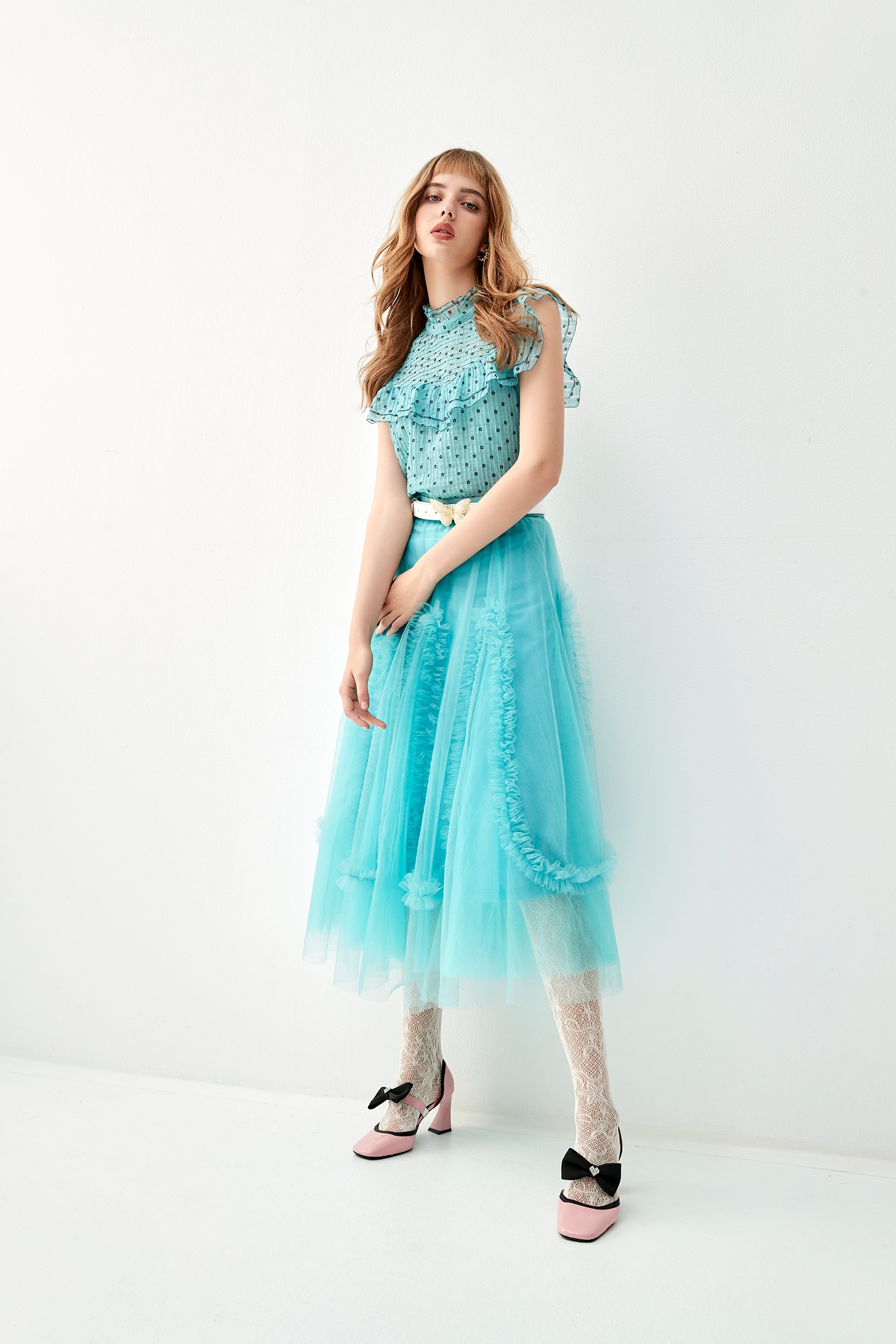 Blue Mesh Skirt With Pleated Ruffle DetailBlue Mesh Skirt With Pleated Ruffle Detail,Season (AW) Look,Mesh fabric,Tutu skirts,Midi skirts