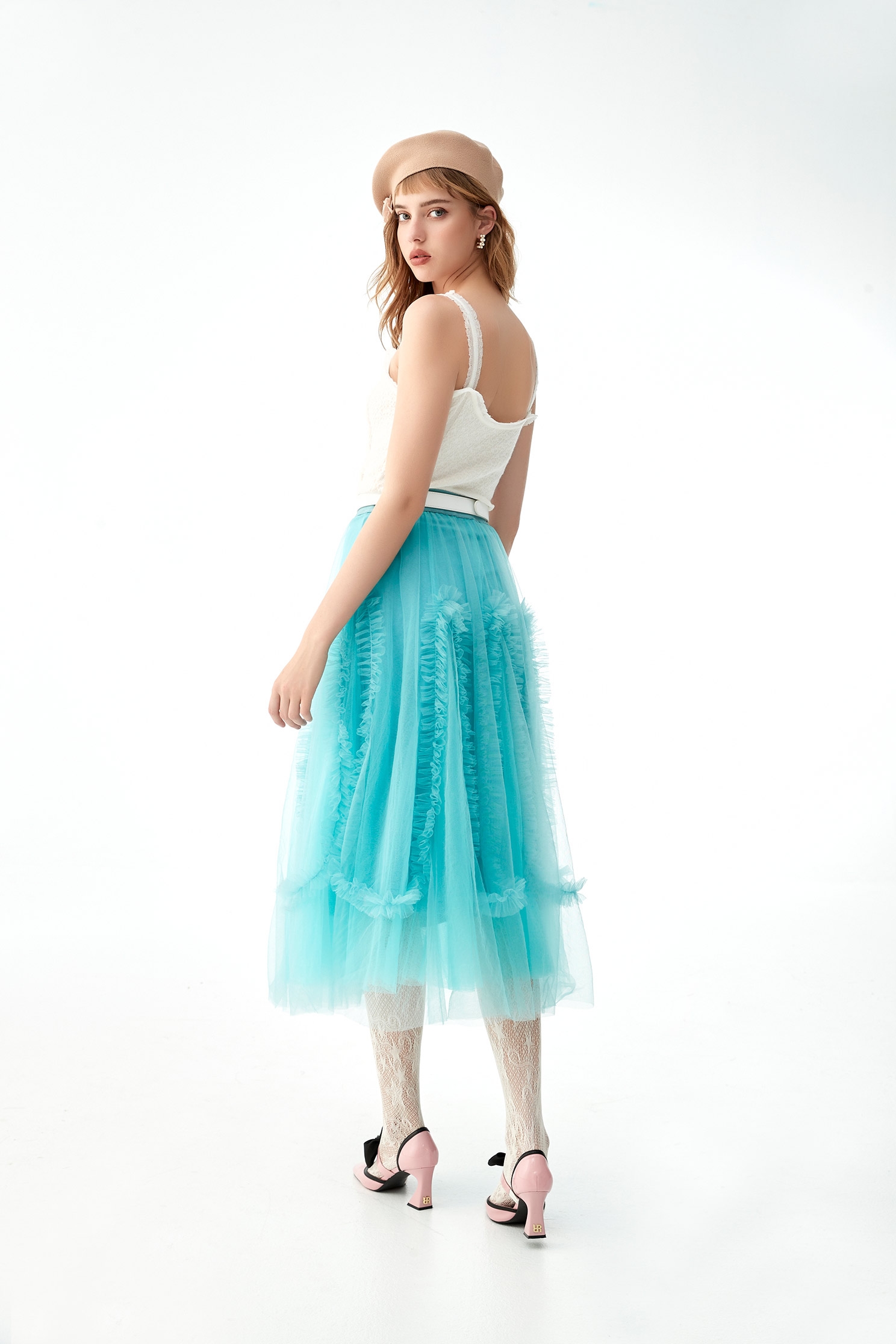 Blue Mesh Skirt With Pleated Ruffle DetailBlue Mesh Skirt With Pleated Ruffle Detail,Season (AW) Look,Mesh fabric,Tutu skirts,Midi skirts