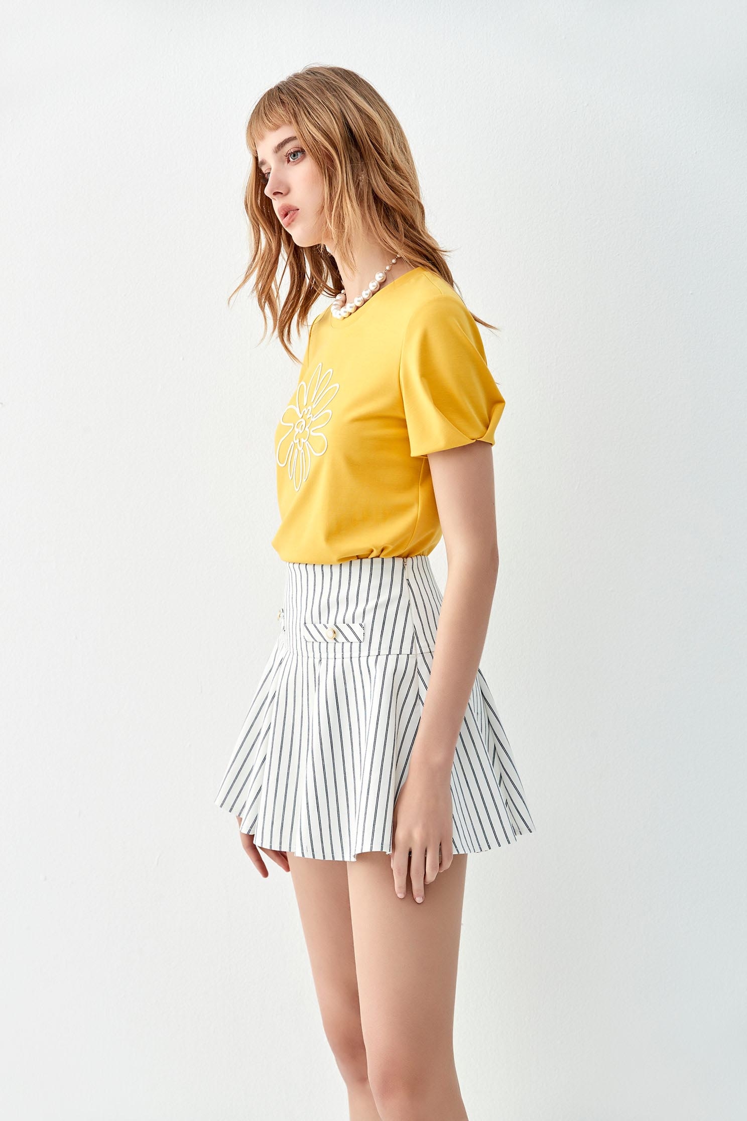 High Waist Pleated Stripe SkirtHigh Waist Pleated Stripe Skirt,Denim,Mini skirts,Season (AW) Look