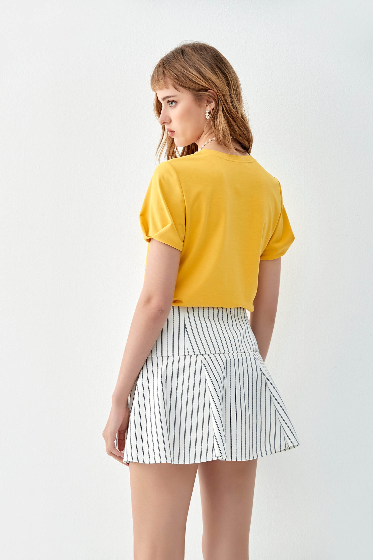 High Waist Pleated Stripe SkirtHigh Waist Pleated Stripe Skirt,Denim,Mini skirts,Season (AW) Look