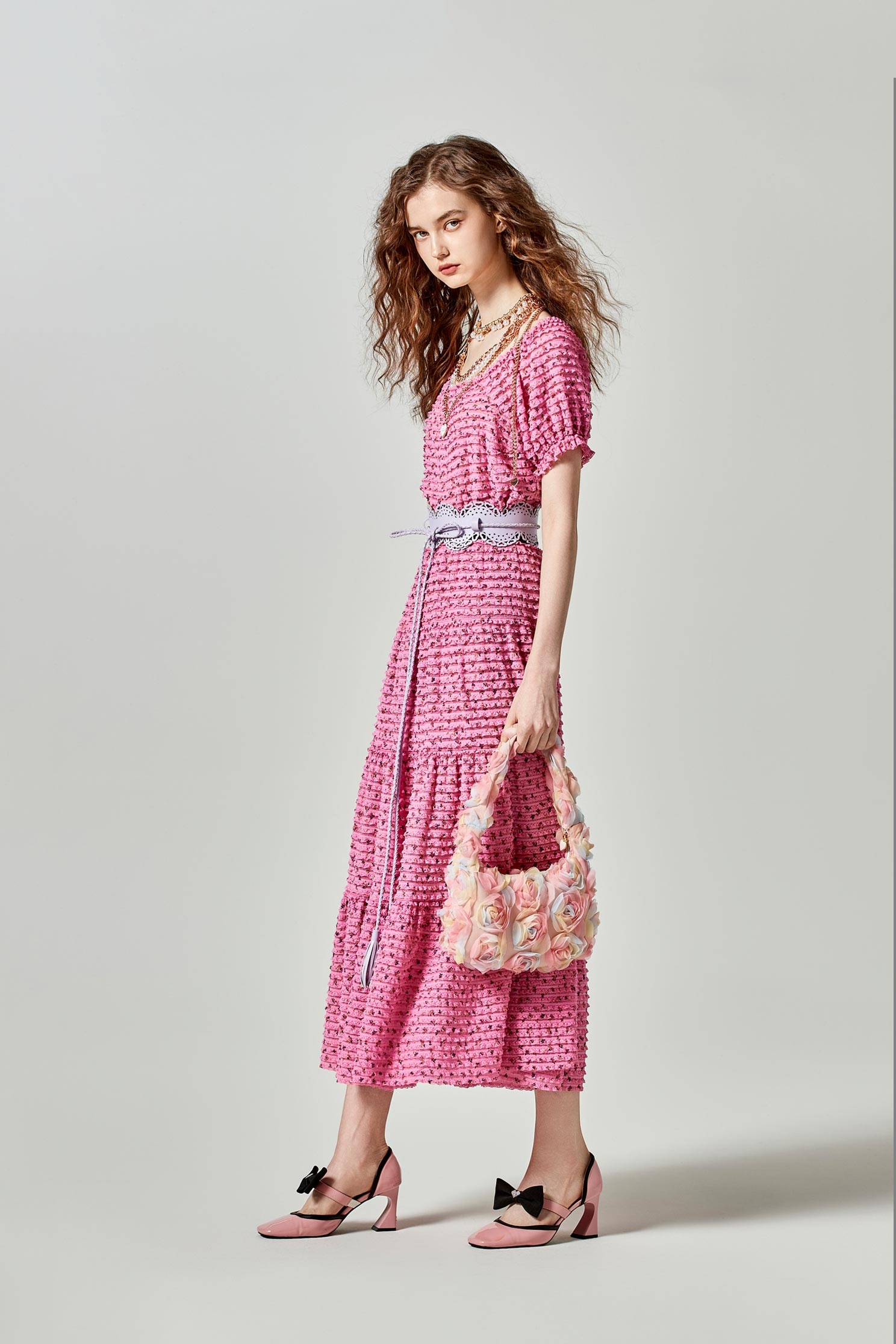 Cyclamen Pink Lace Tiered SkirtCyclamen Pink Lace Tiered Skirt,Season (SS) Look,Lace,Midi skirts