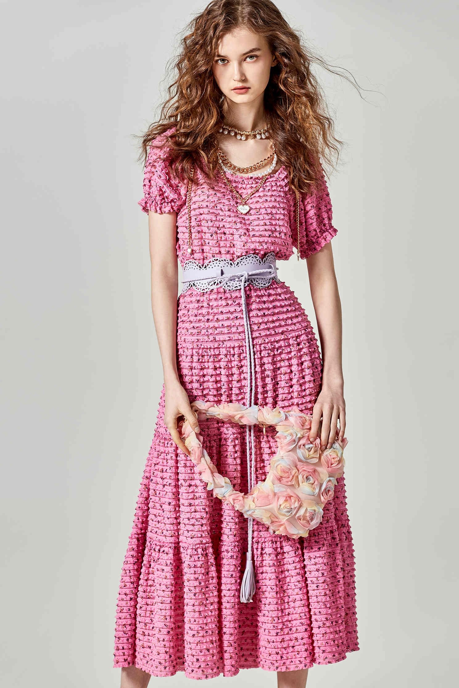 Cyclamen Pink Lace Tiered SkirtCyclamen Pink Lace Tiered Skirt,Season (SS) Look,Lace,Midi skirts