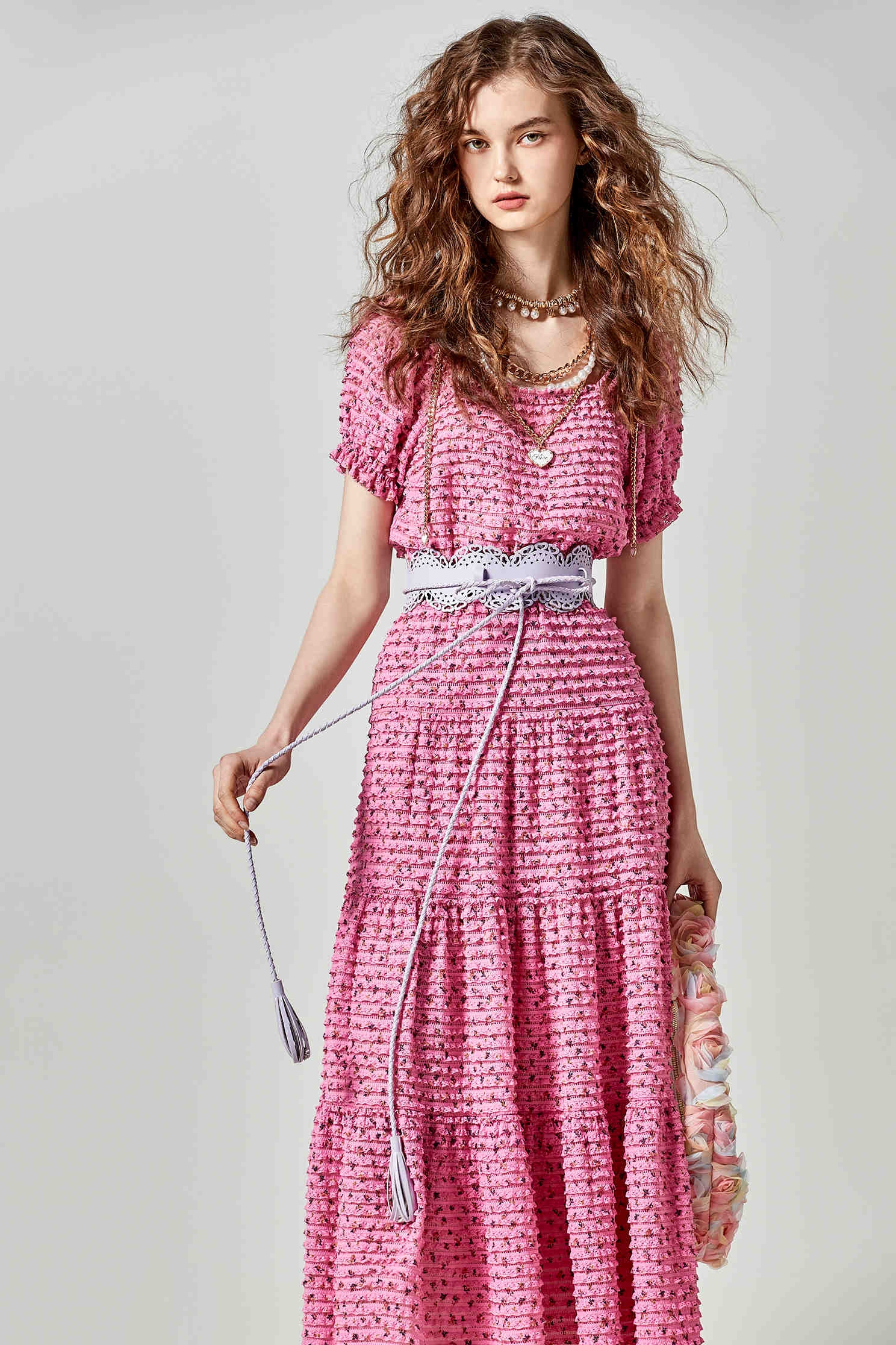 Cyclamen Pink Lace Tiered SkirtCyclamen Pink Lace Tiered Skirt,Season (SS) Look,Lace,Midi skirts