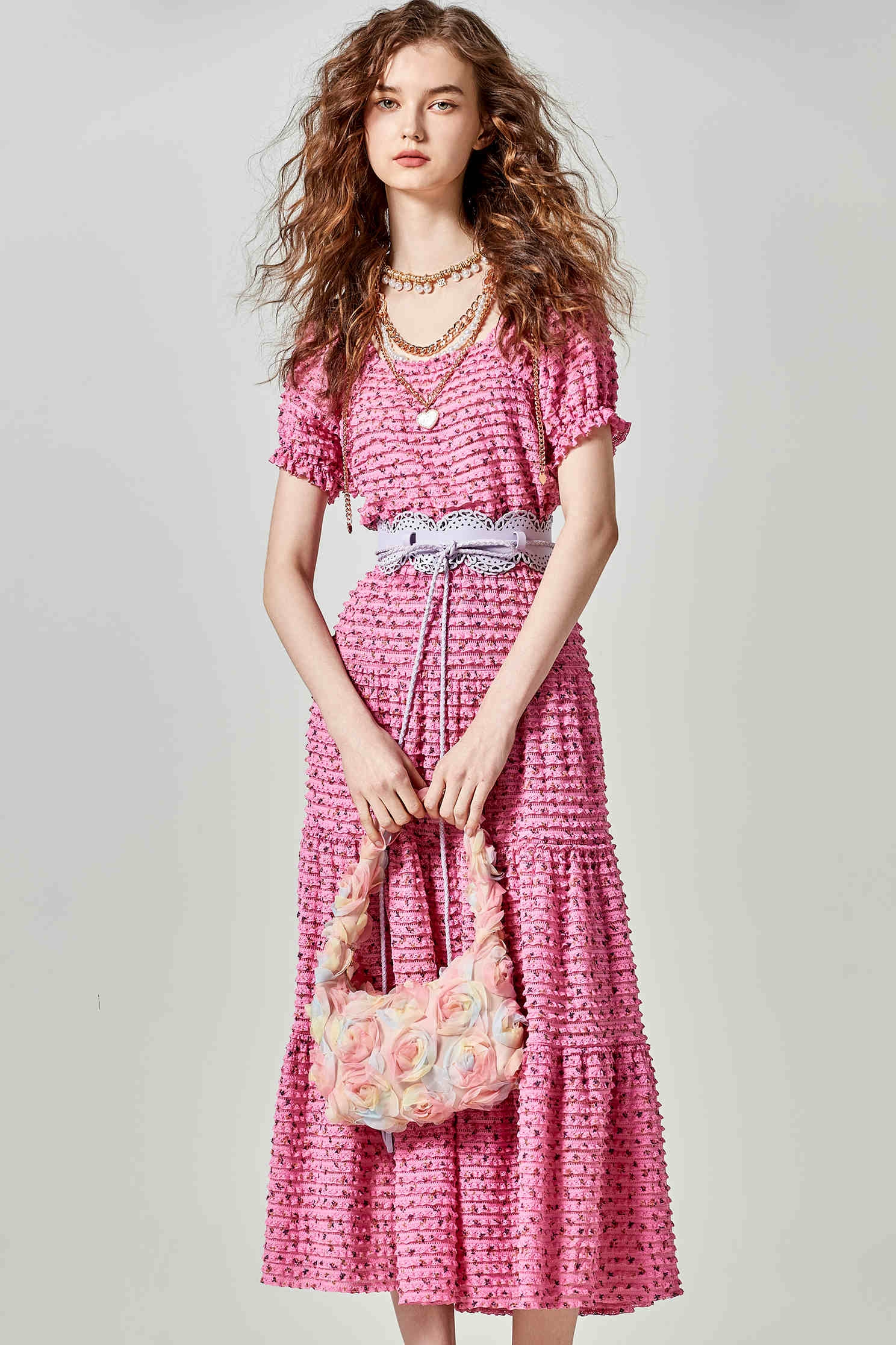 Cyclamen Pink Lace Tiered SkirtCyclamen Pink Lace Tiered Skirt,Season (SS) Look,Lace,Midi skirts