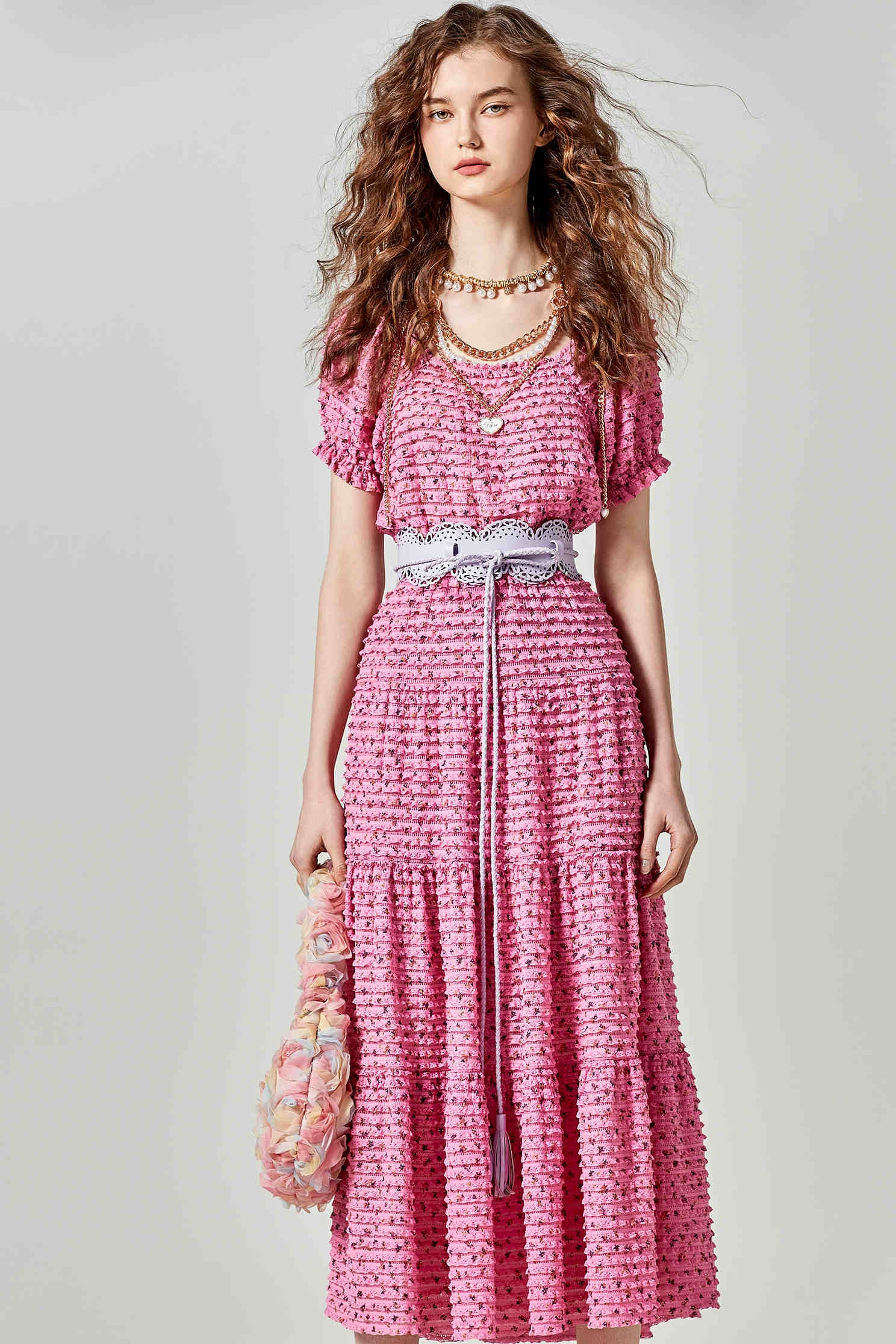 Cyclamen Pink Lace Tiered SkirtCyclamen Pink Lace Tiered Skirt,Season (SS) Look,Lace,Midi skirts