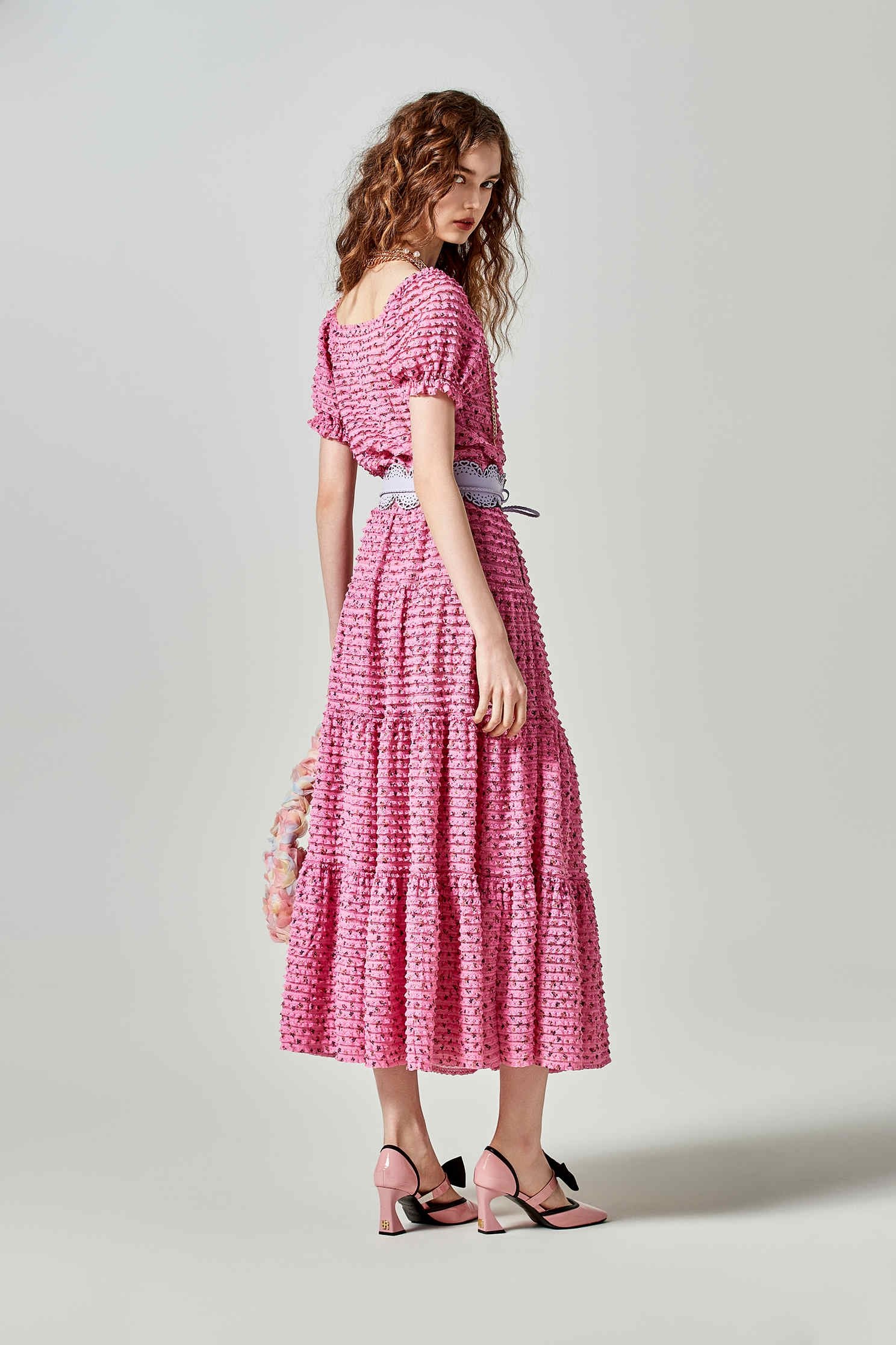 Cyclamen Pink Lace Tiered SkirtCyclamen Pink Lace Tiered Skirt,Season (SS) Look,Lace,Midi skirts