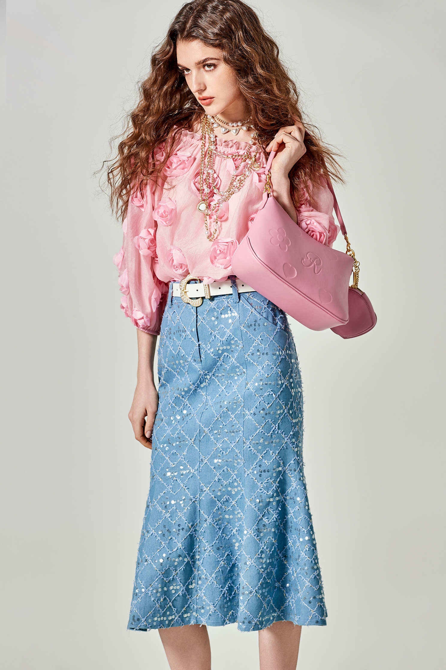 Sequin Fishtail Denim SkirtSequin Fishtail Denim Skirt,Embroidered,Season (SS) Look,Plaid,Denim,Denim skirts