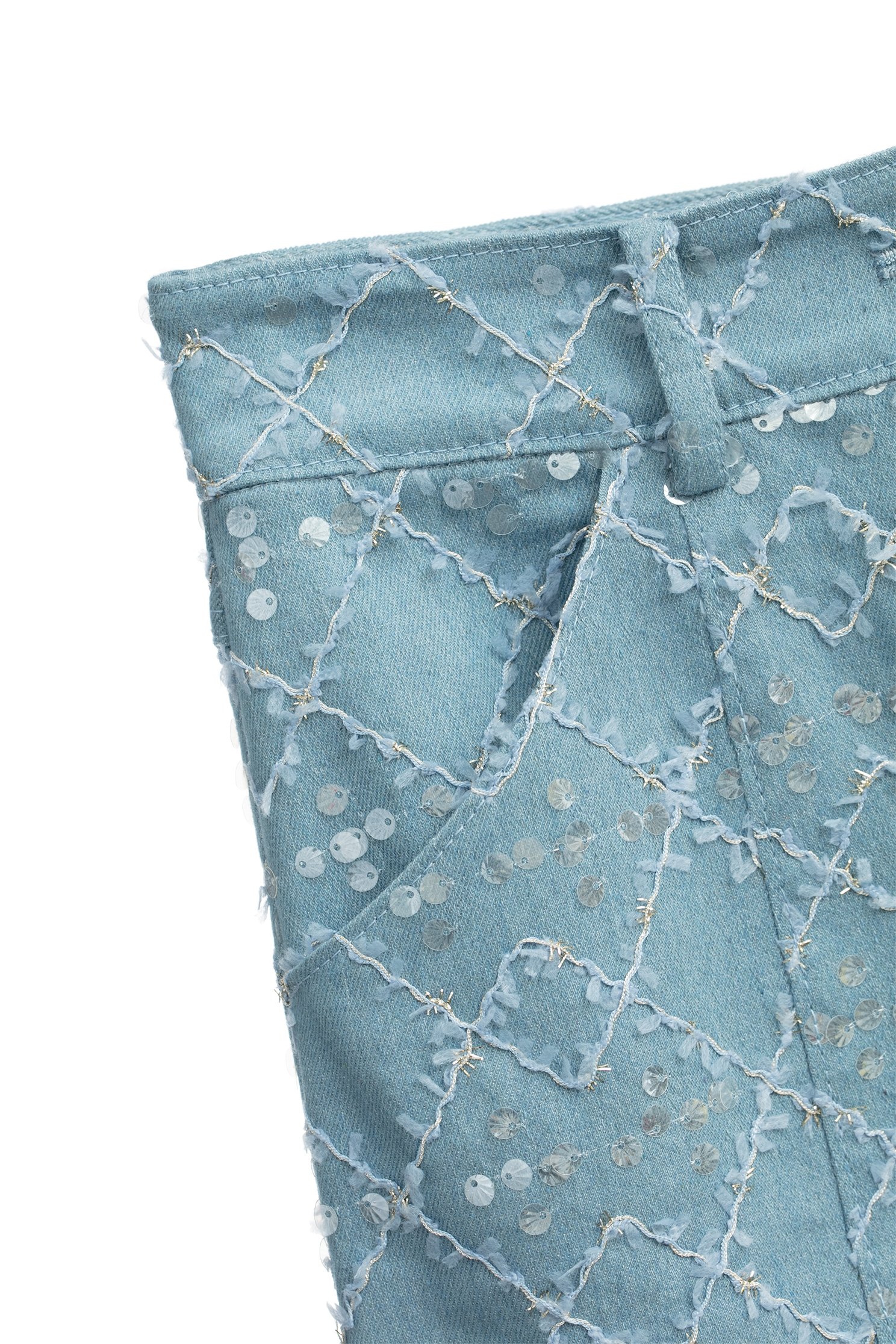 Sequin Fishtail Denim SkirtSequin Fishtail Denim Skirt,Embroidered,Season (SS) Look,Plaid,Denim,Denim skirts