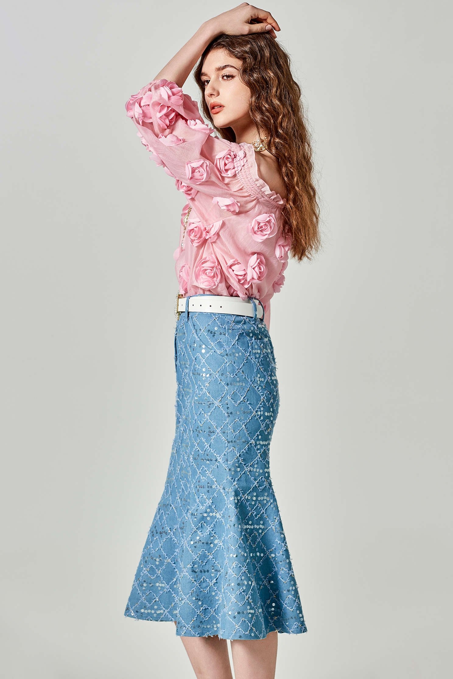 Sequin Fishtail Denim SkirtSequin Fishtail Denim Skirt,Embroidered,Season (SS) Look,Plaid,Denim,Denim skirts