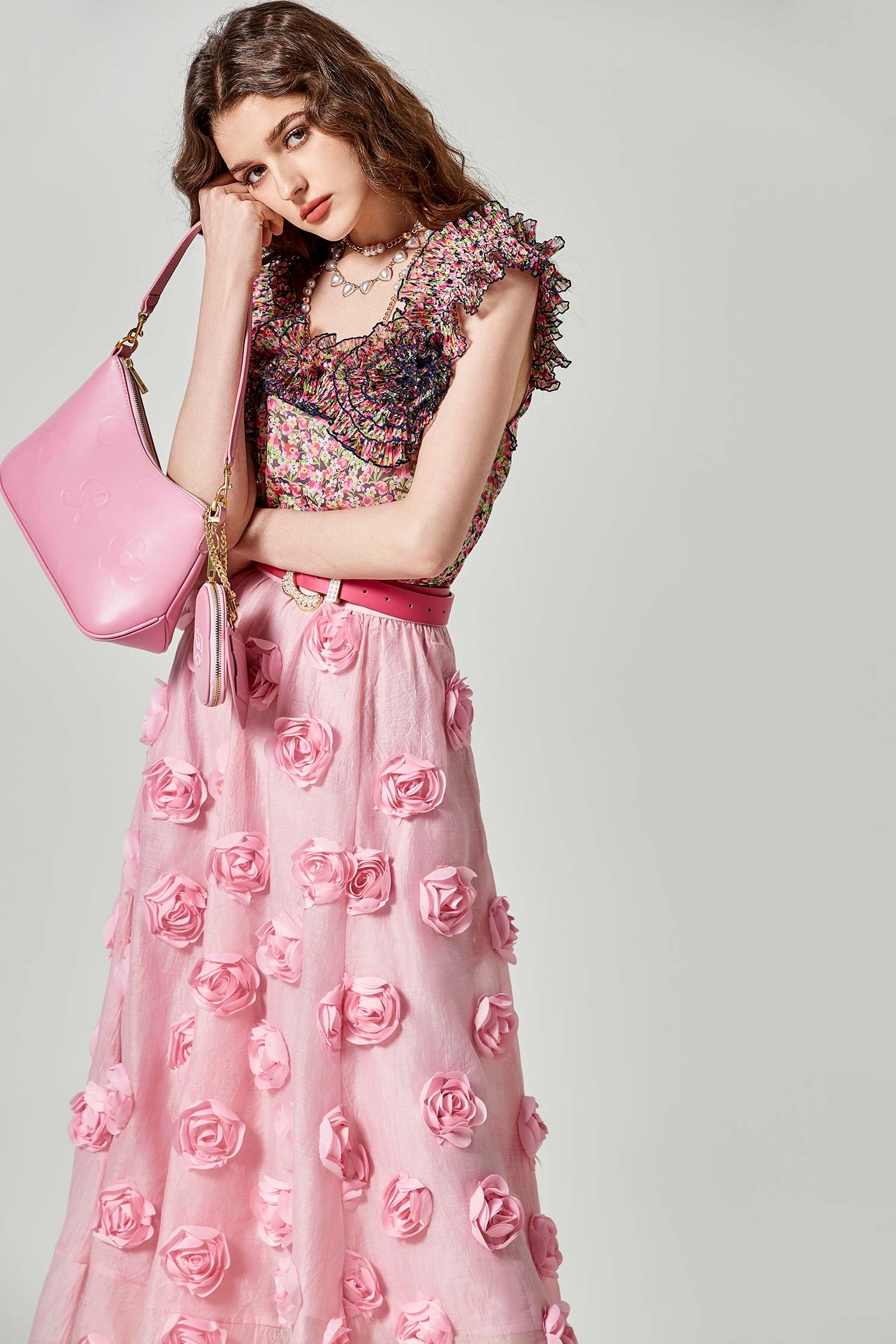 3-D Rose Detail Pink Skirt3-D Rose Detail Pink Skirt,Season (SS) Look,Midi skirts