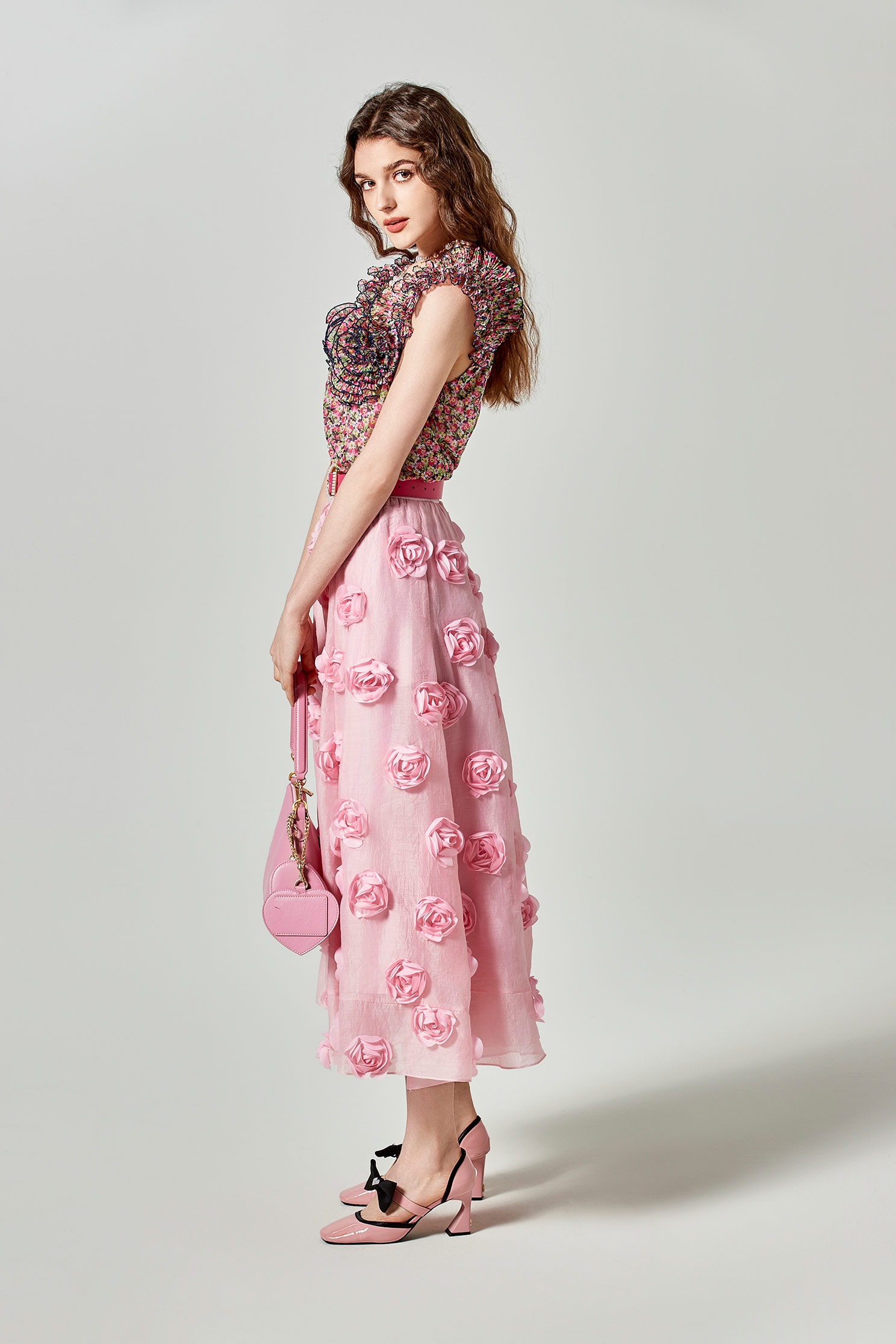 3-D Rose Detail Pink Skirt3-D Rose Detail Pink Skirt,Season (SS) Look,Midi skirts