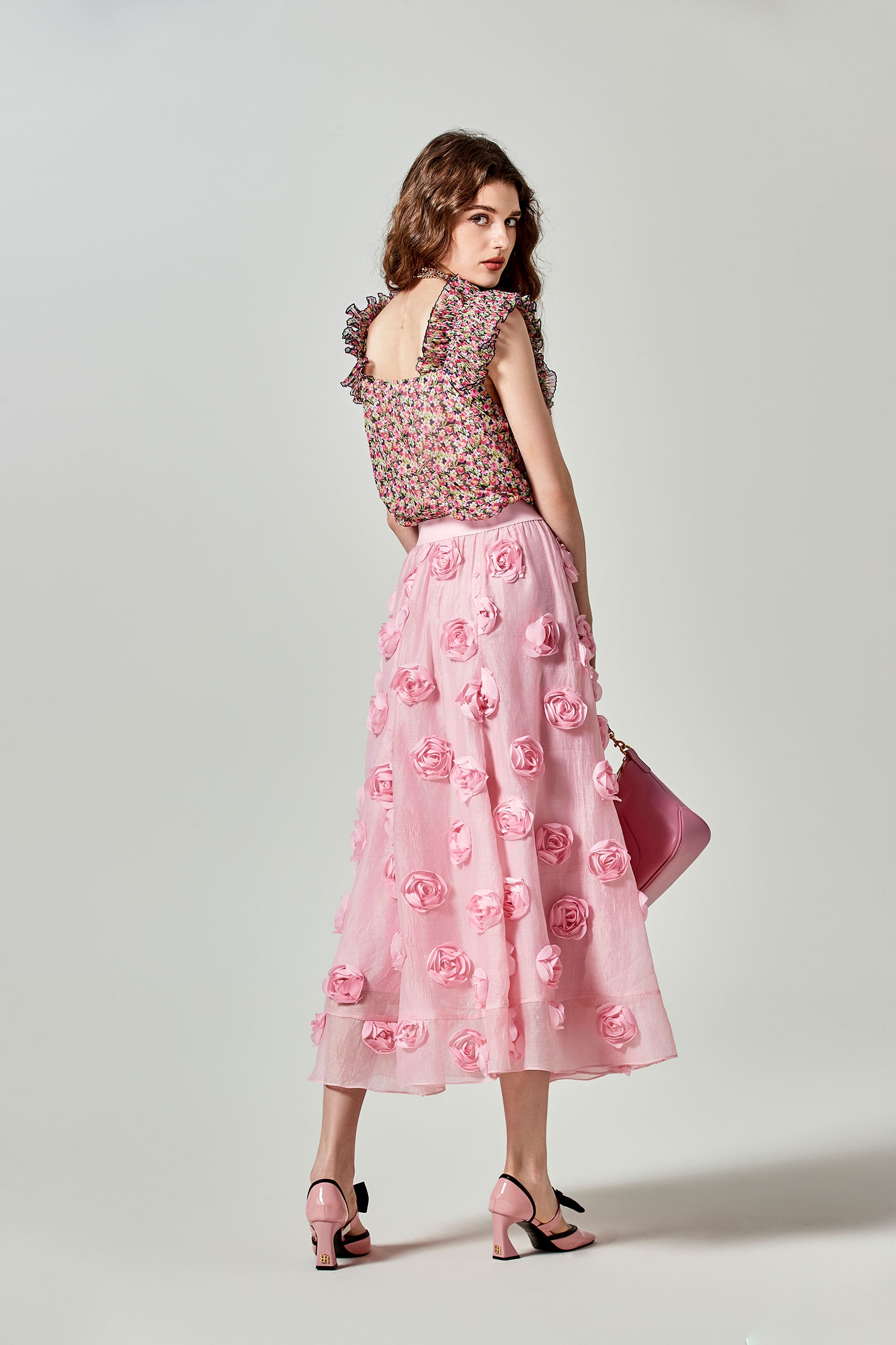 3-D Rose Detail Pink Skirt3-D Rose Detail Pink Skirt,Season (SS) Look,Midi skirts