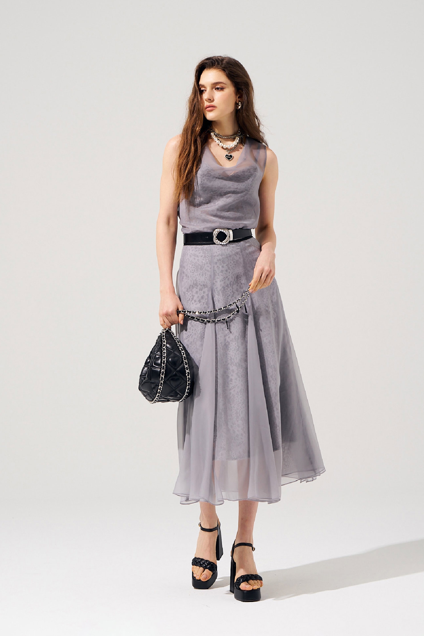 Inner Lace Detail Grey Organza SkirtInner Lace Detail Grey Organza Skirt,Season (SS) Look,Lace,Lace skirts,Midi skirts