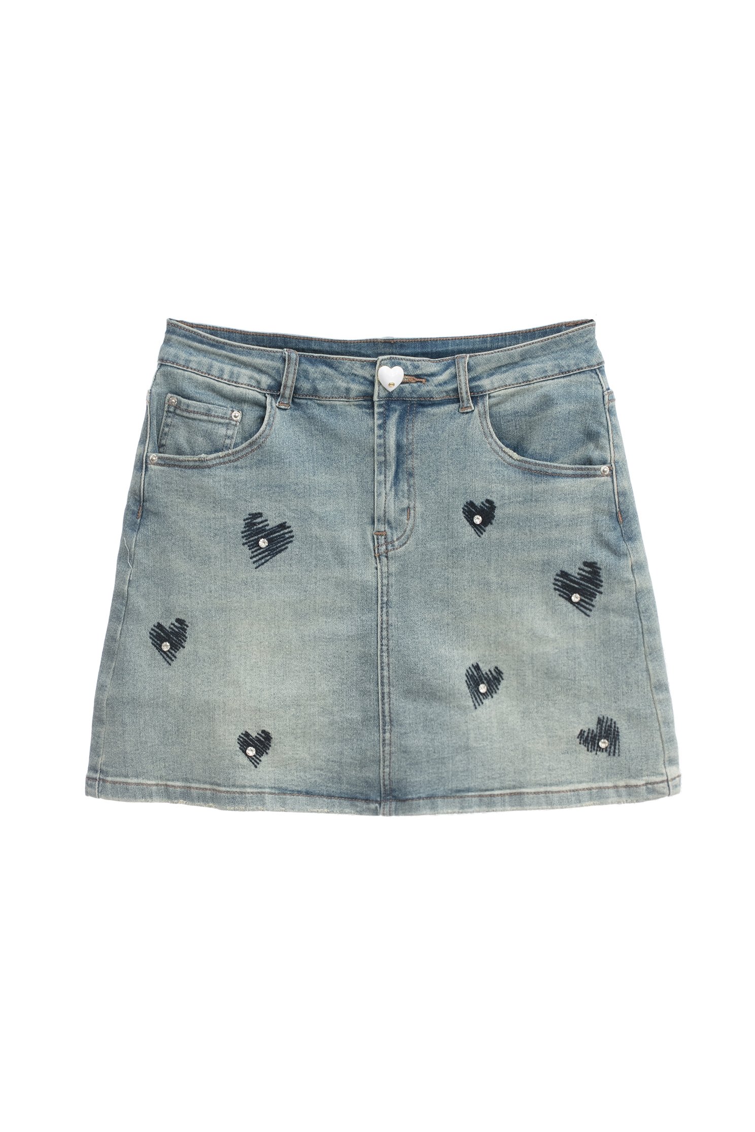 Embroidered Heart Pattern Denim SkirtEmbroidered Heart Pattern Denim Skirt,Embroidered,Season (SS) Look,Denim,Denim mini skirts,Denim skirts,Mini skirts