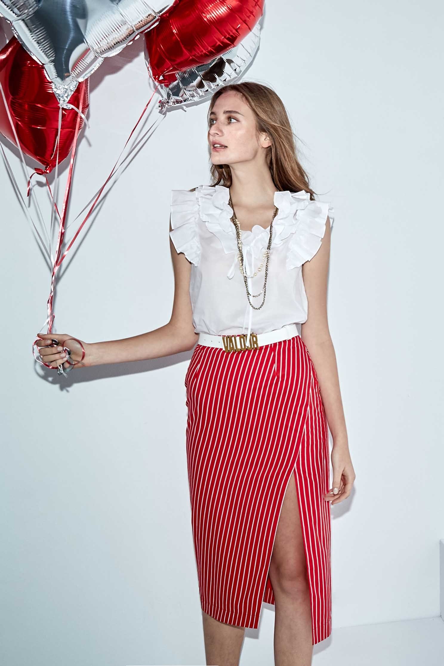 Red With White Stripe Thigh Slit SkirtStriped straight midi-skirt with vent,Season (SS) Look,Stripe,iROO LIVE,Midi skirts