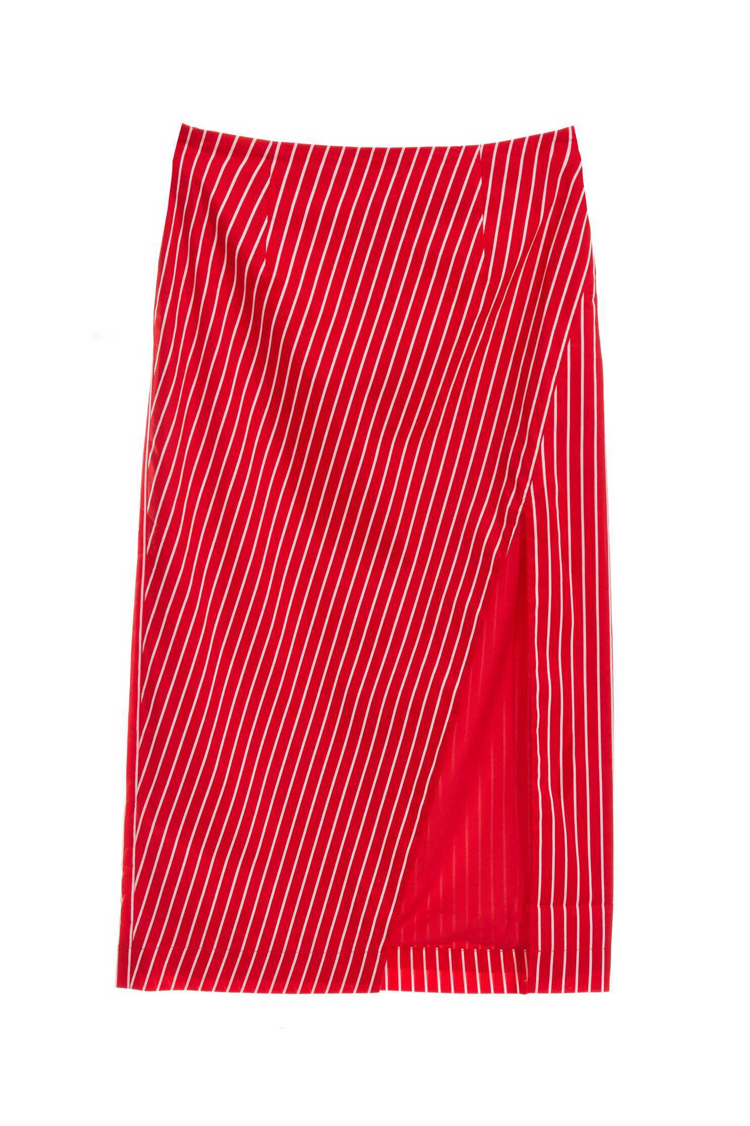 Red With White Stripe Thigh Slit SkirtStriped straight midi-skirt with vent,Season (SS) Look,Stripe,iROO LIVE,Midi skirts