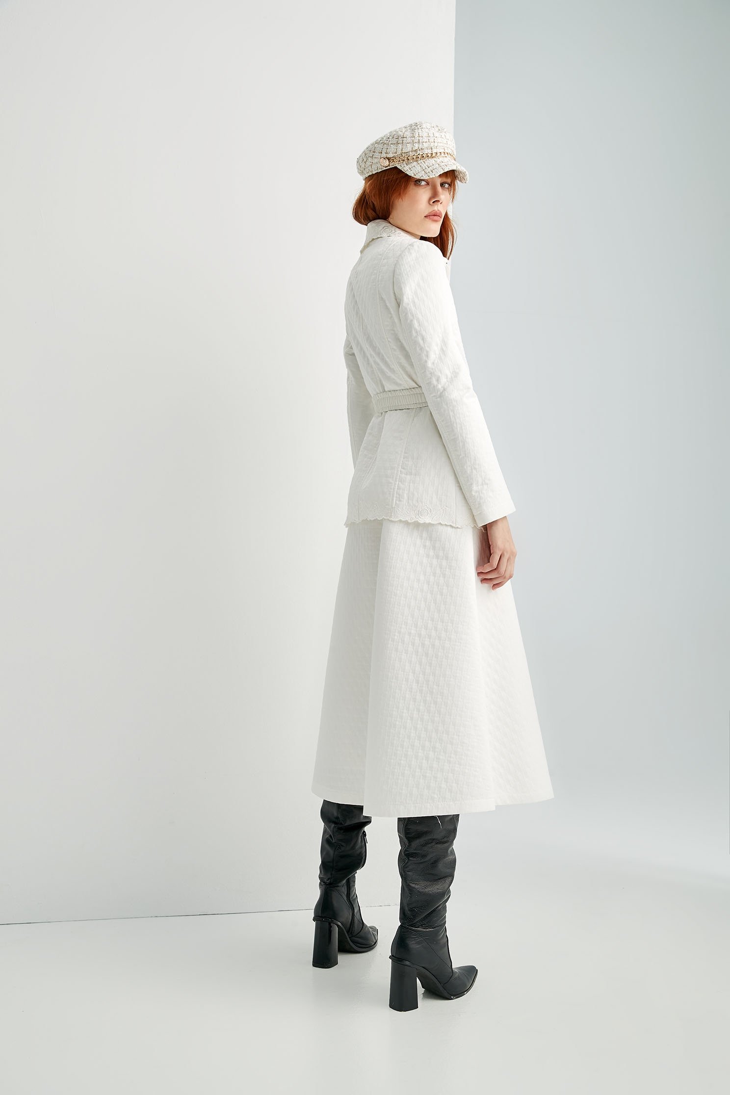 A-Line Midi White SkirtDiamond-embossed long skirt,Season (AW) Look,simple outfits,Belts,Midi skirts