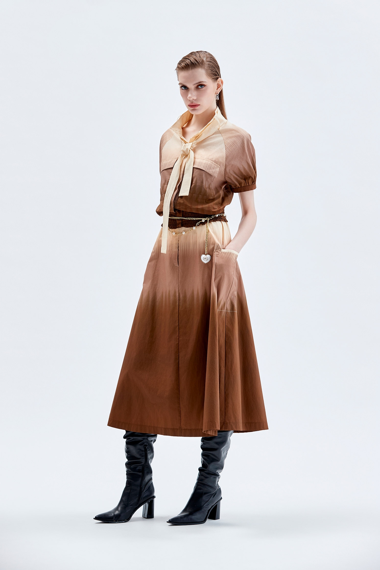 Gradient Paper Bag Waist SkirtGradient Paper Bag Waist Skirt,Season (AW) Look,Belts,Midi skirts