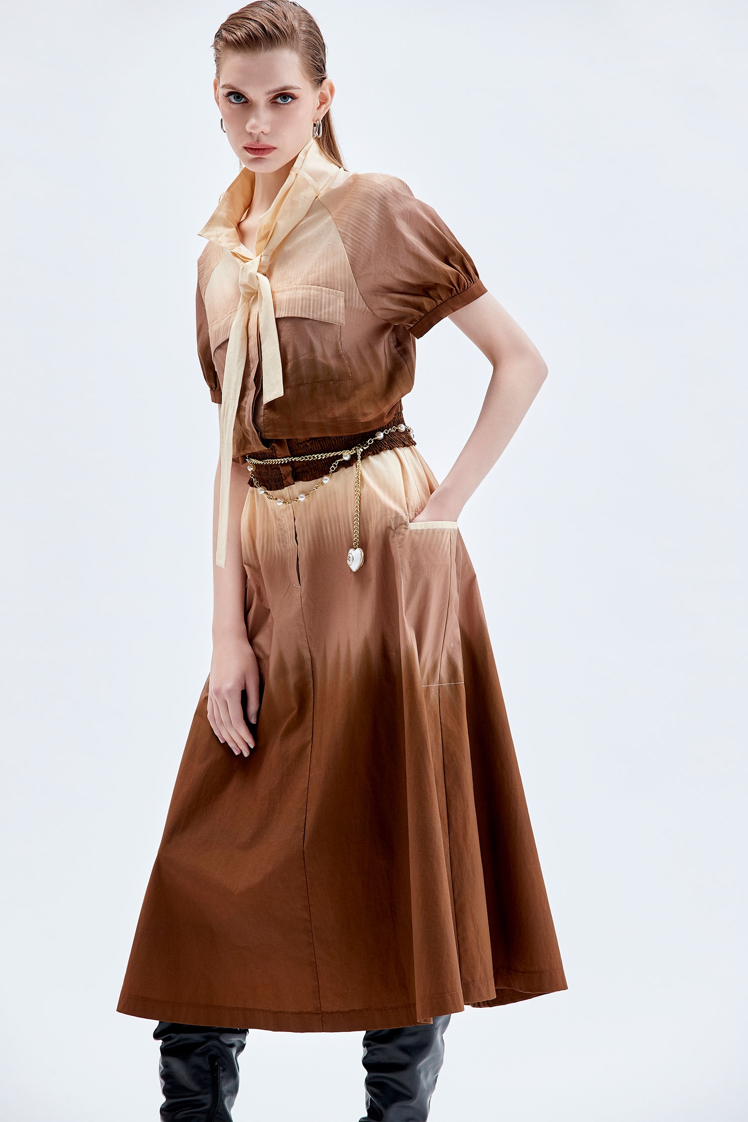 Gradient Paper Bag Waist SkirtGradient Paper Bag Waist Skirt,Season (AW) Look,Belts,Midi skirts