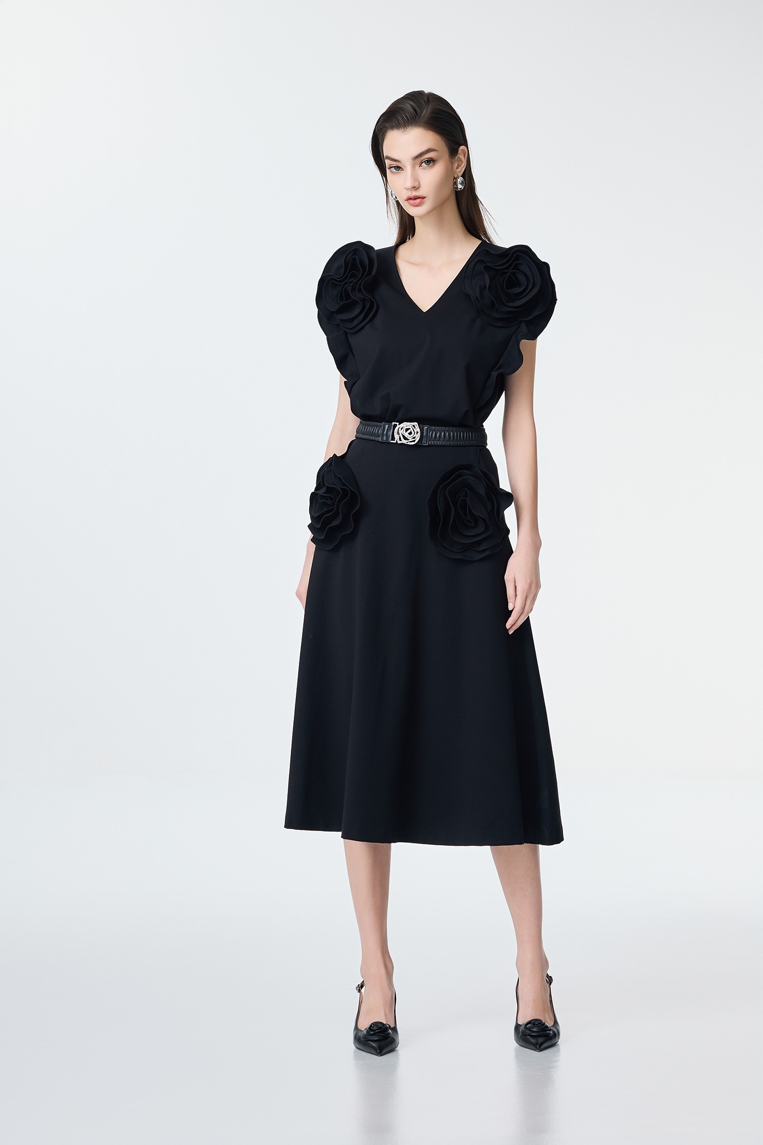 3-D Rose Detail Midi Skirt,Season (SS) Look,co-ord sets,blossoms,Midi skirts,Black skirts