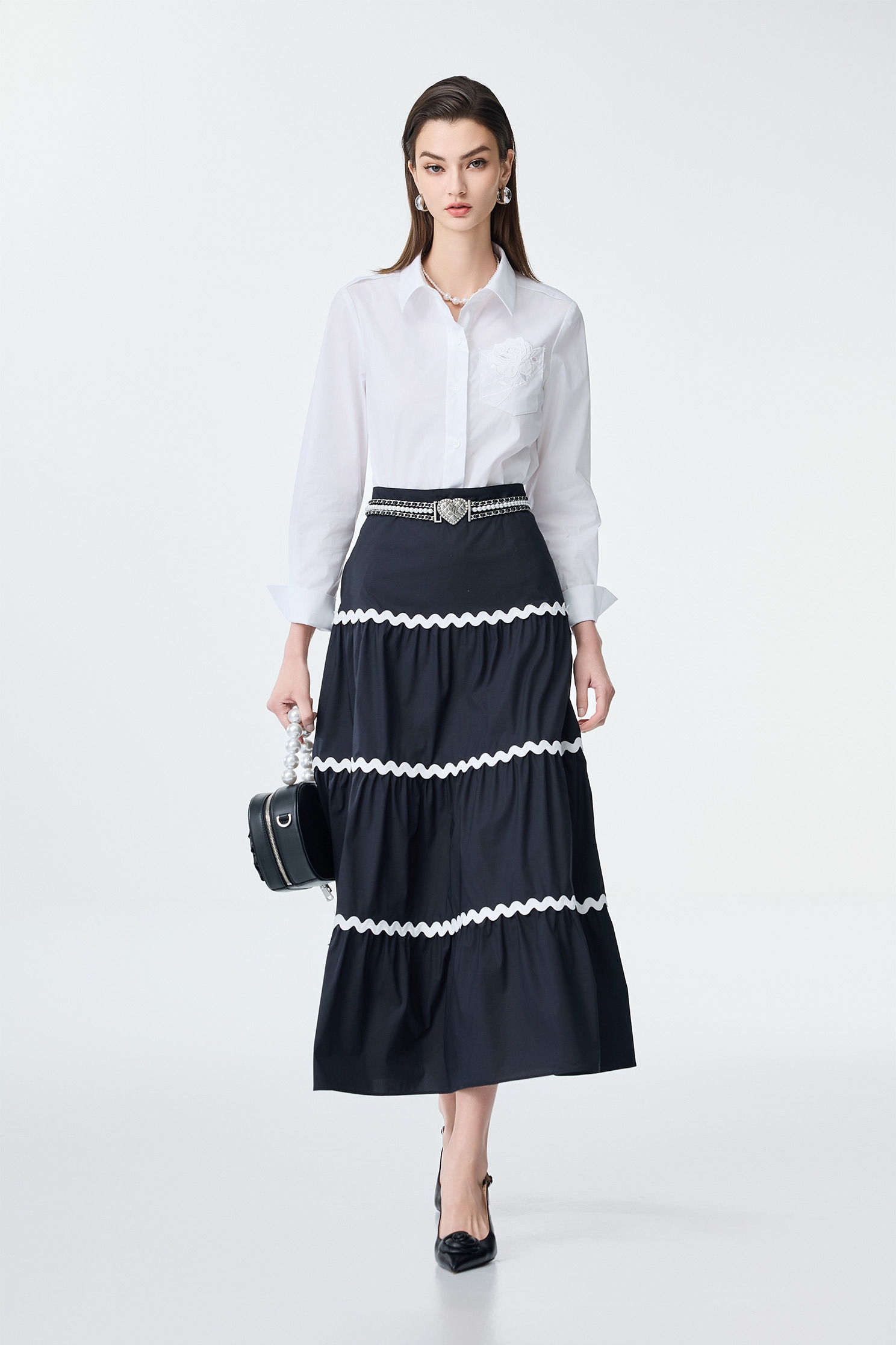 Contrast Trim Detail Tiered Skirt,Office Looks,Season (SS) Look,Midi skirts,Black skirts
