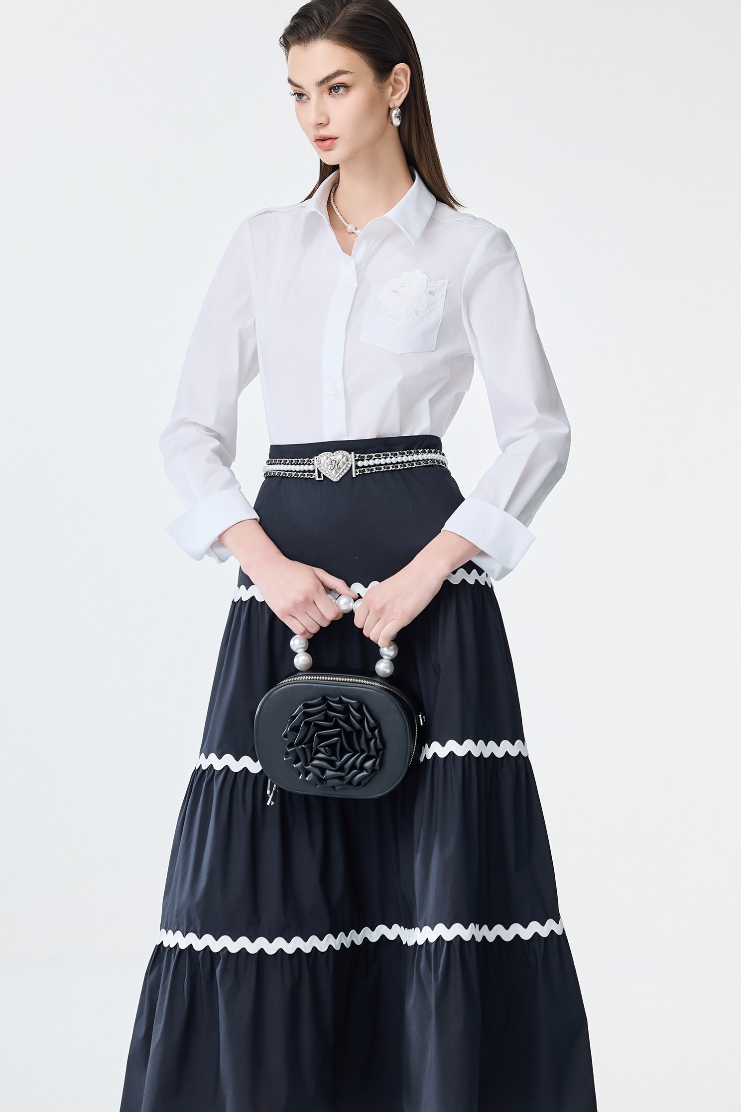 Contrast Trim Detail Tiered Skirt,Office Looks,Season (SS) Look,Midi skirts,Black skirts
