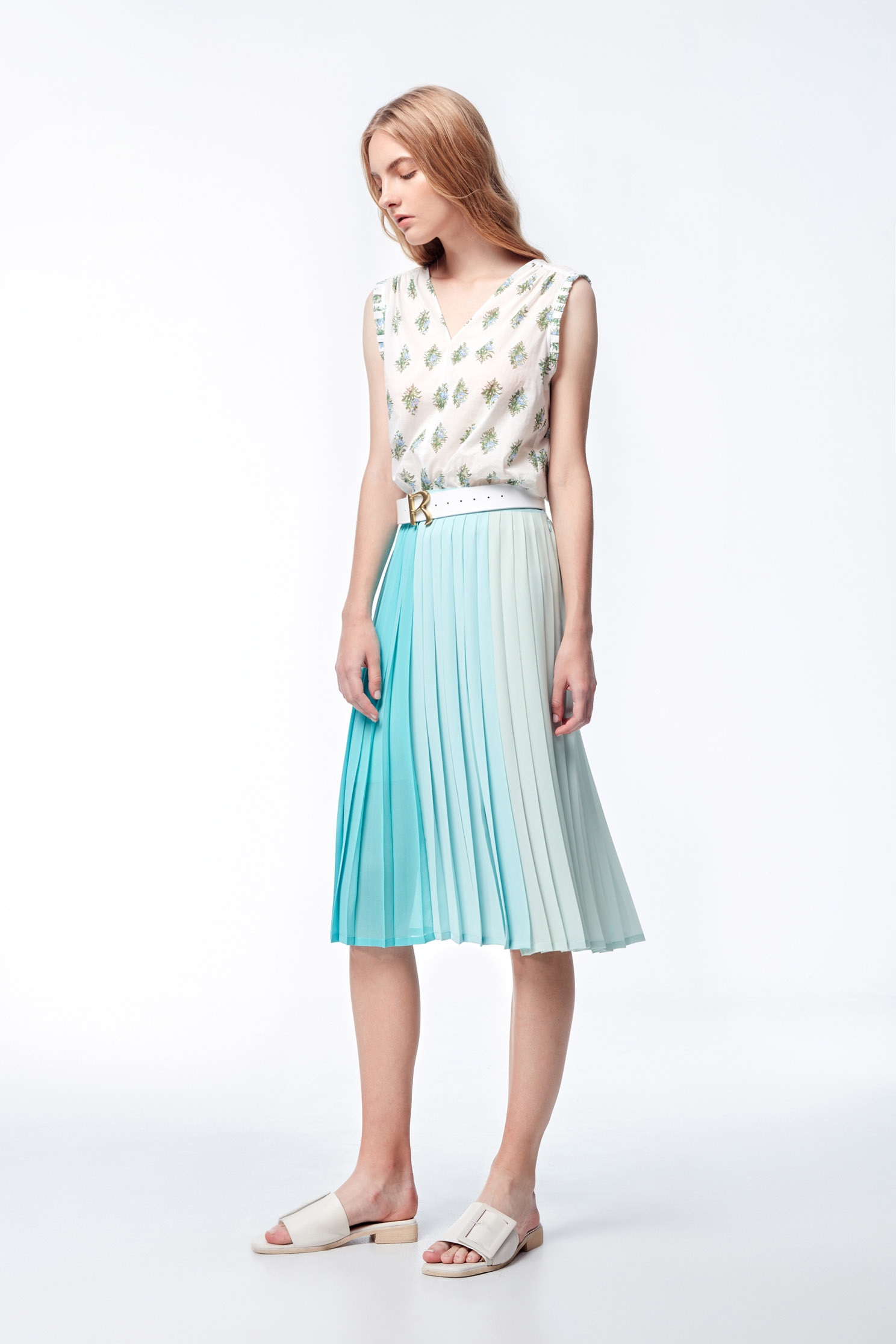 Colour Block Pleated SkirtBlue-green multi-colored stitching skirt,goodlucknewyear,Season (SS) Look,mothergift,iROO LIVE,Midi skirts,Chiffon,Chiffon skirts