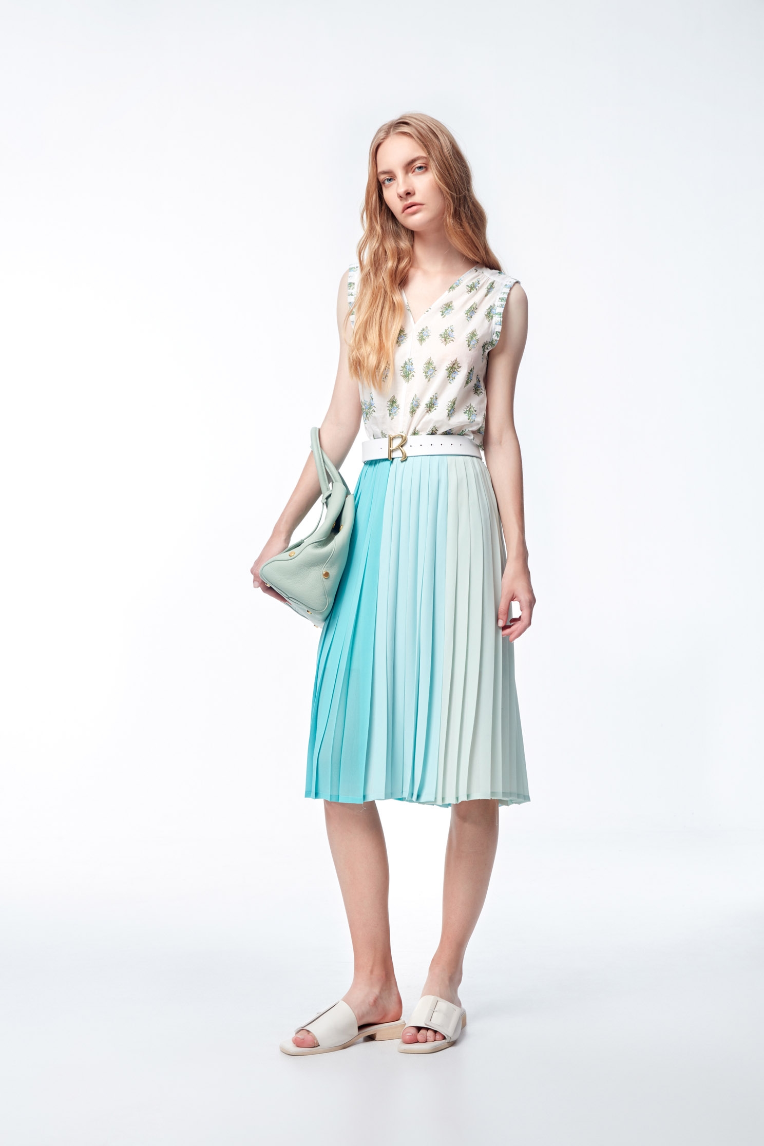 Colour Block Pleated SkirtBlue-green multi-colored stitching skirt,goodlucknewyear,Season (SS) Look,mothergift,iROO LIVE,Midi skirts,Chiffon,Chiffon skirts