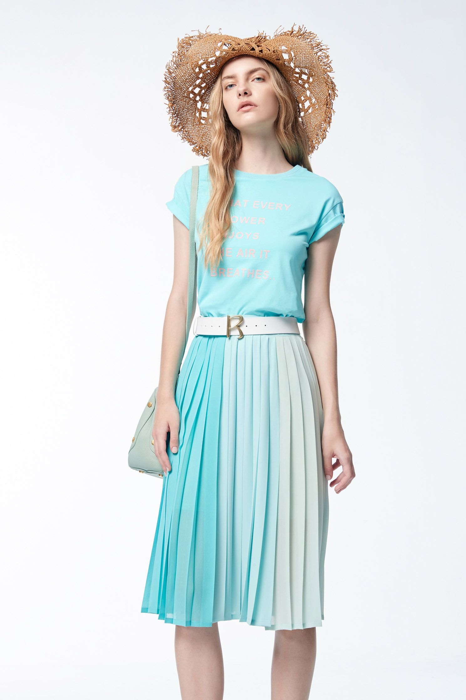 Colour Block Pleated SkirtBlue-green multi-colored stitching skirt,goodlucknewyear,Season (SS) Look,mothergift,iROO LIVE,Midi skirts,Chiffon,Chiffon skirts