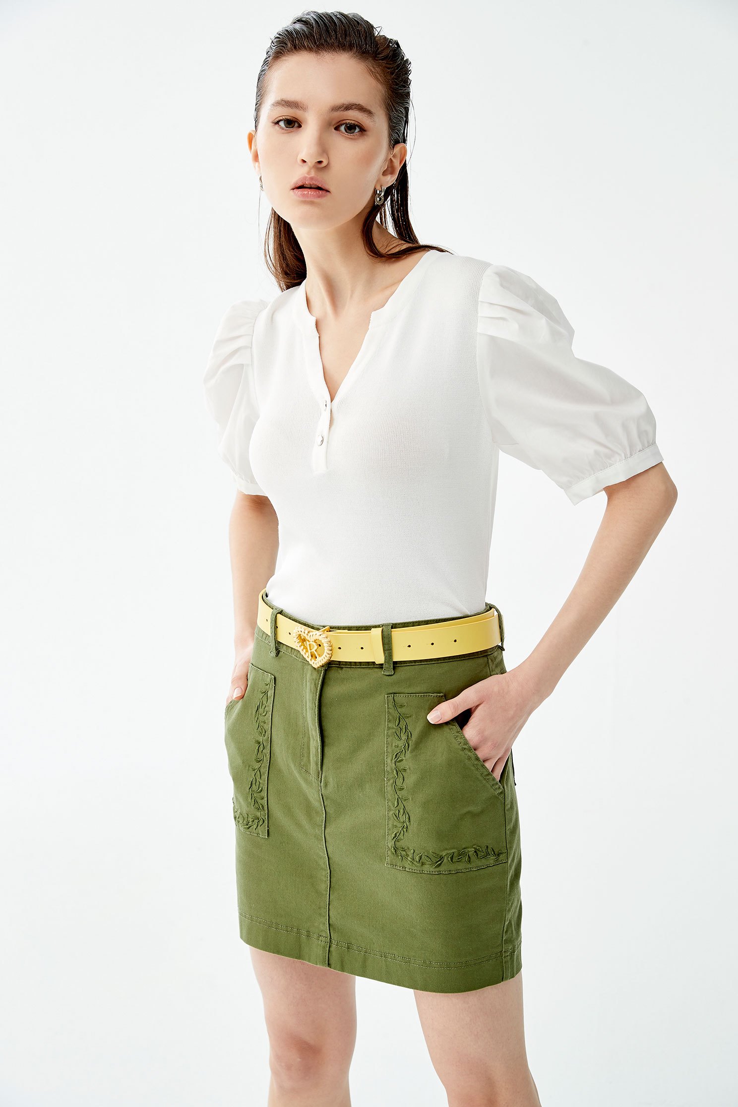 Basic Green Denim SkirtShort skirt with embroidery,Embroidered,Season (SS) Look,Denim skirts,Mini skirts