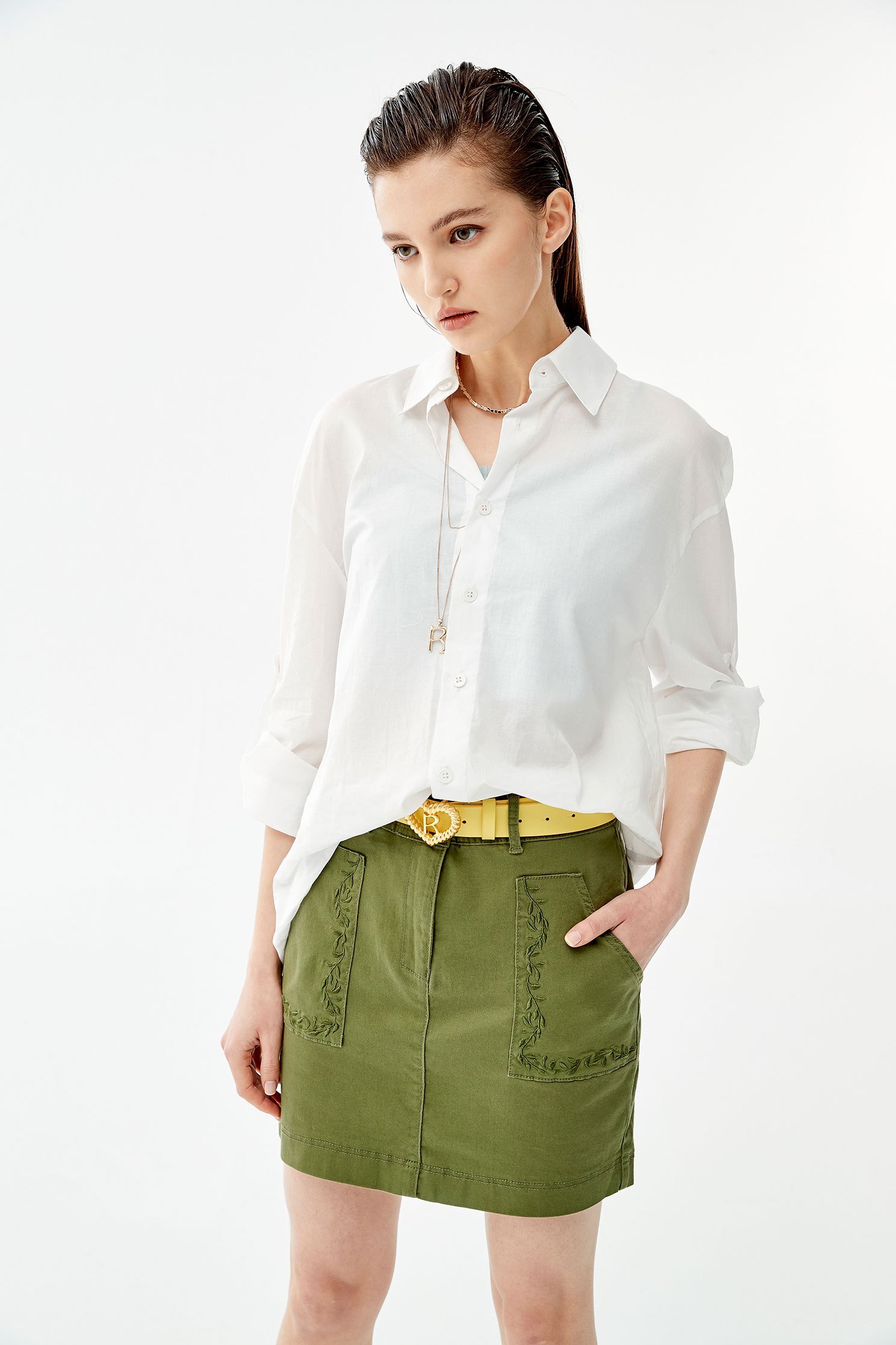 Basic Green Denim SkirtShort skirt with embroidery,Embroidered,Season (SS) Look,Denim skirts,Mini skirts