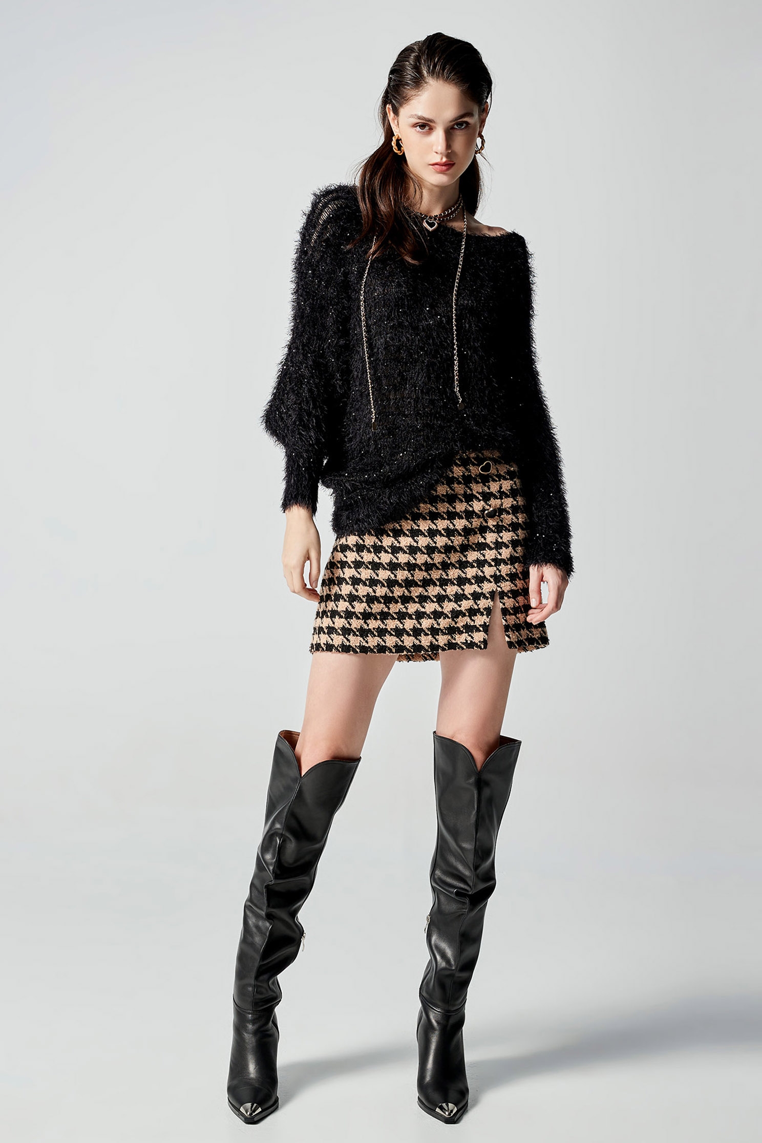 Houndstooth Print Tweed SkirtHoundstooth Print Tweed Skirt,Mini skirts,Season (AW) Look