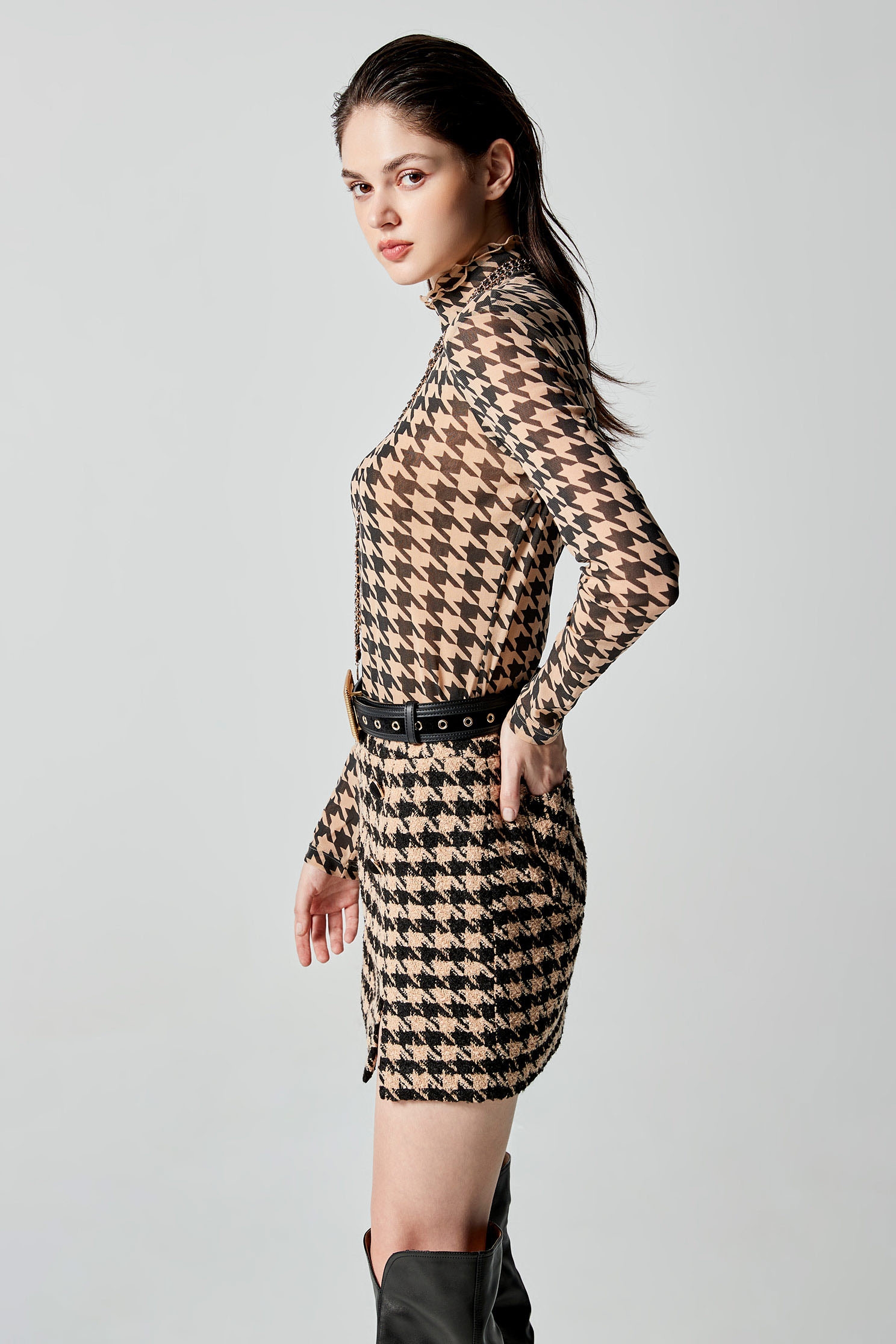 Houndstooth Print Tweed SkirtHoundstooth Print Tweed Skirt,Mini skirts,Season (AW) Look