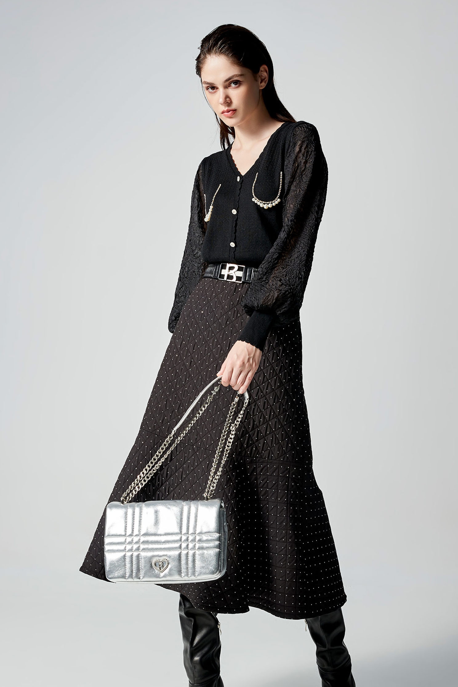 A-line Quilted Pattern Skirt With SequinA-line Quilted Pattern Skirt With Sequin,Season (AW) Look,Midi skirts