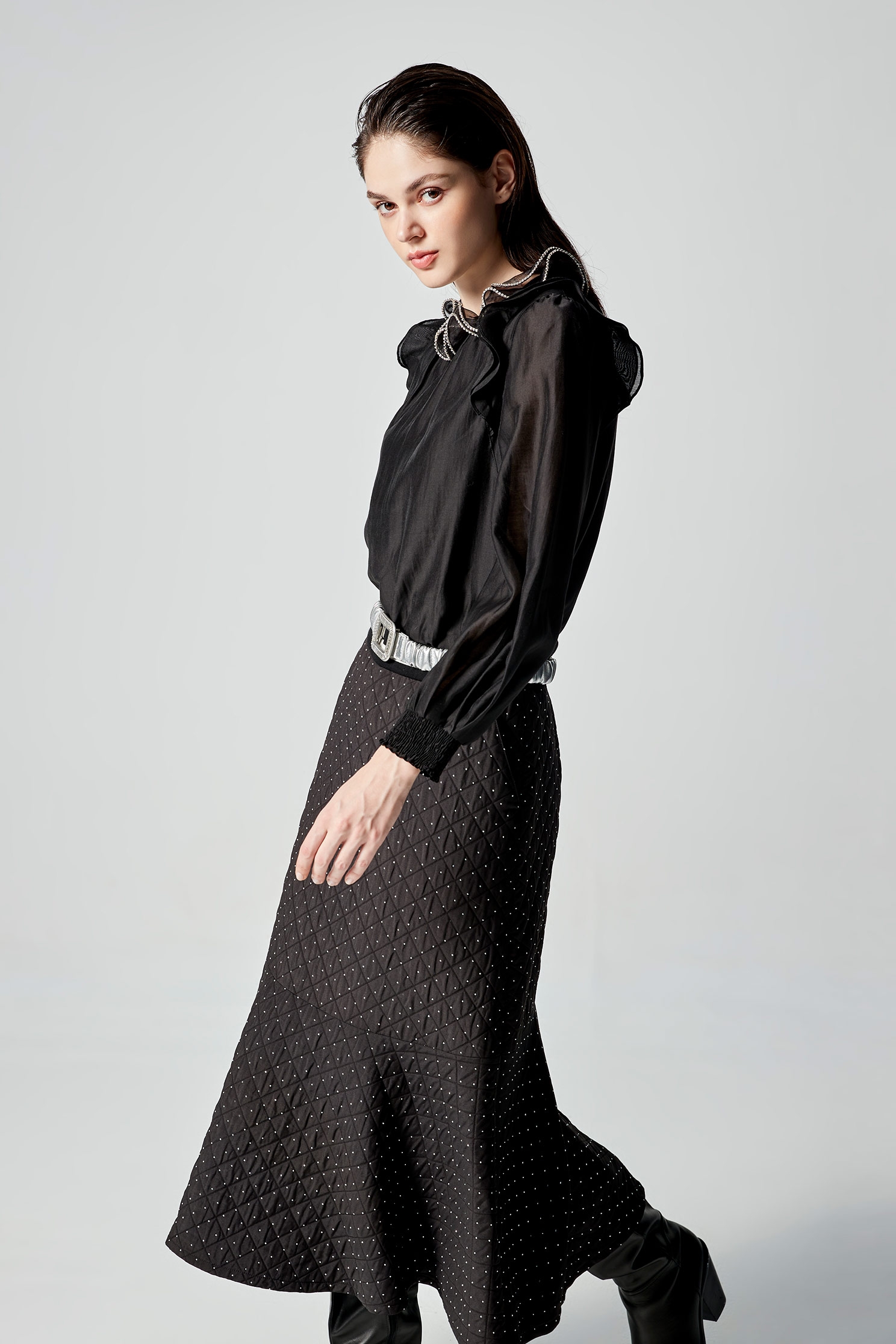 A-line Quilted Pattern Skirt With SequinA-line Quilted Pattern Skirt With Sequin,Season (AW) Look,Midi skirts