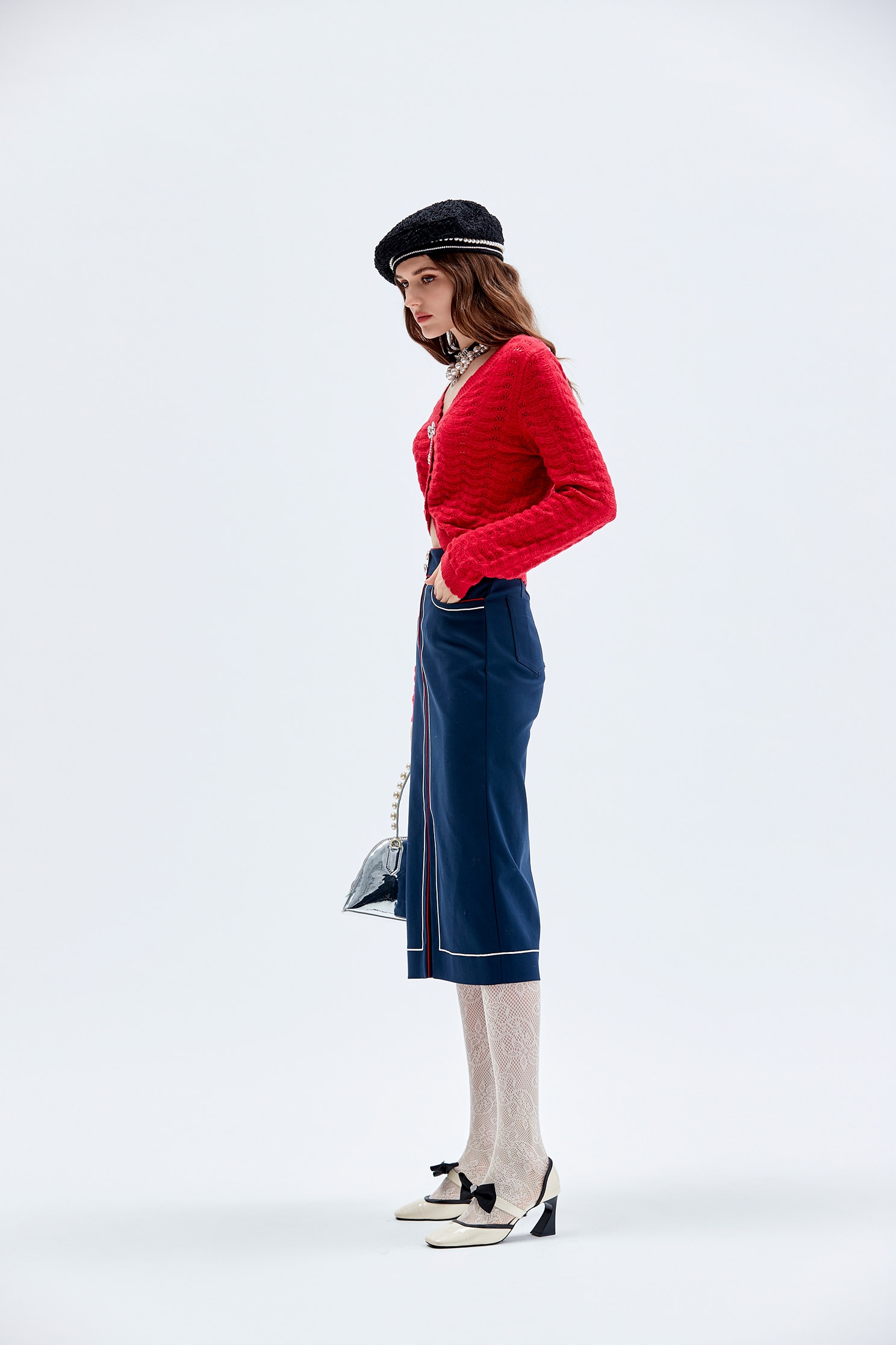 Navy Pencil Skirt With Contrast Trim DetailNavy Pencil Skirt With Contrast Trim Detail,Season (AW) Look,Pencil skirts,Midi skirts