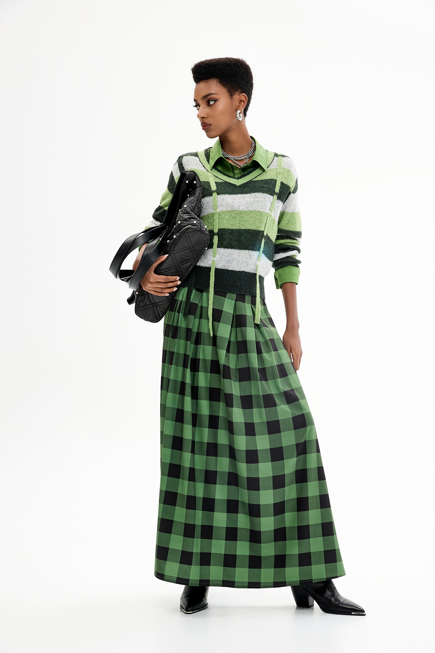 Green Checkered Maxi SkirtGreen Checkered Maxi Skirt,Plaid,Season (AW) Look,Midi skirts