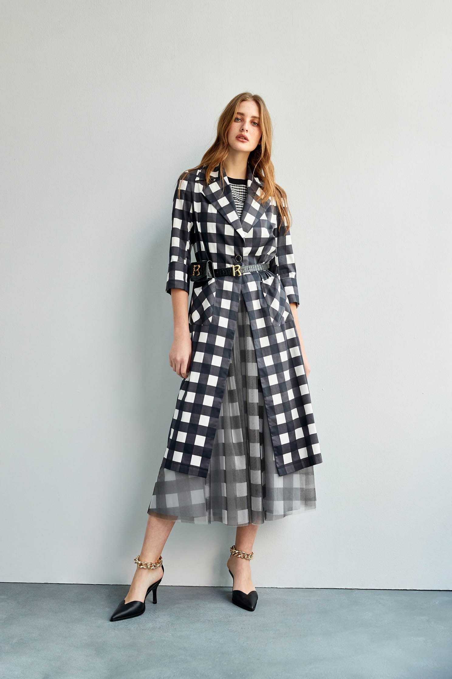 Black White Big Checkered SkirtClassic check print tulle dress,Queen,Season (SS) Look,Plaid,iROO LIVE,Tutu skirts,Mesh fabric,Tulle skirts,Midi skirts