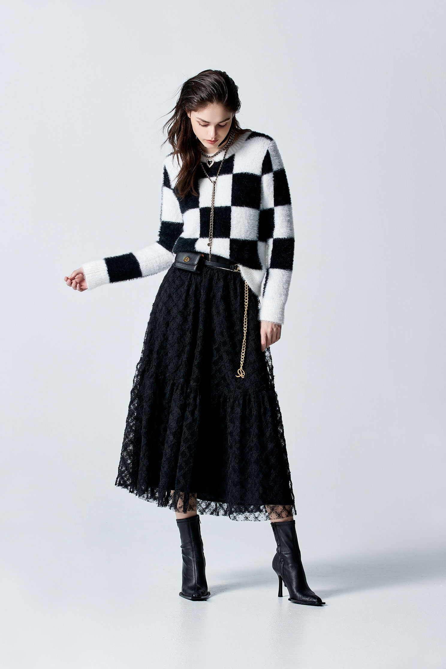 Diamond Pattern Mesh Tiered SkirtDiamond Pattern Mesh Tiered Skirt,Season (AW) Look,Midi skirts