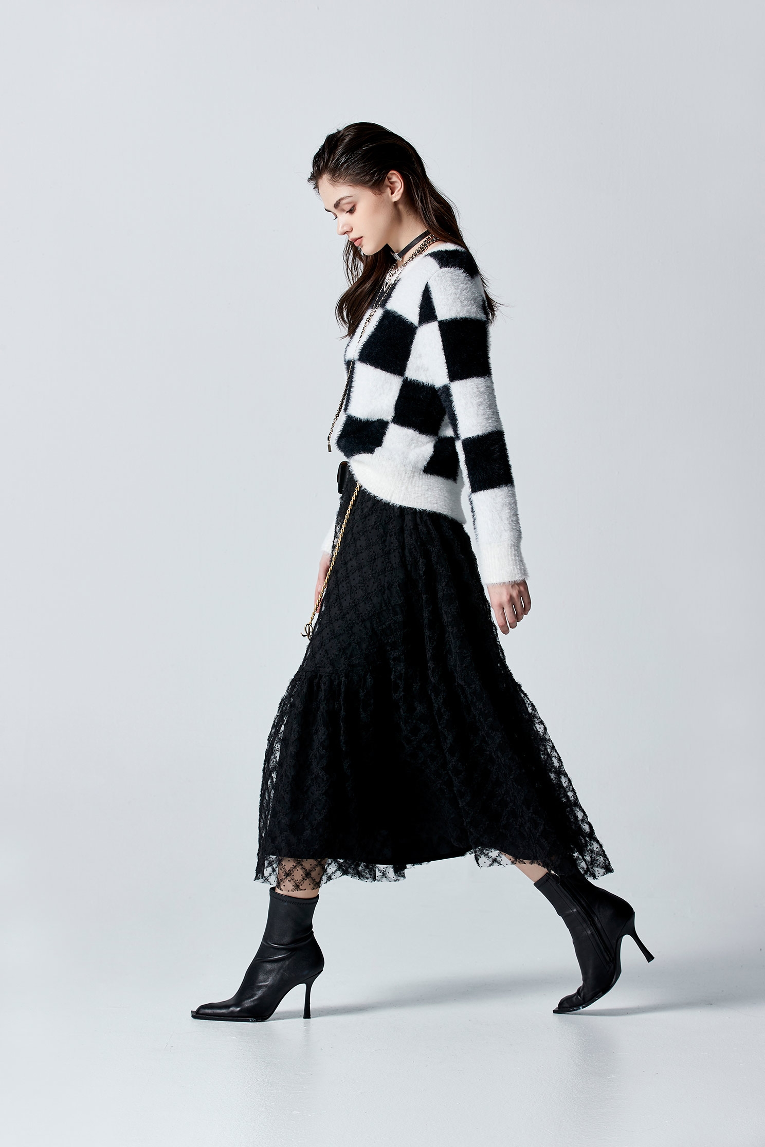 Diamond Pattern Mesh Tiered SkirtDiamond Pattern Mesh Tiered Skirt,Season (AW) Look,Midi skirts