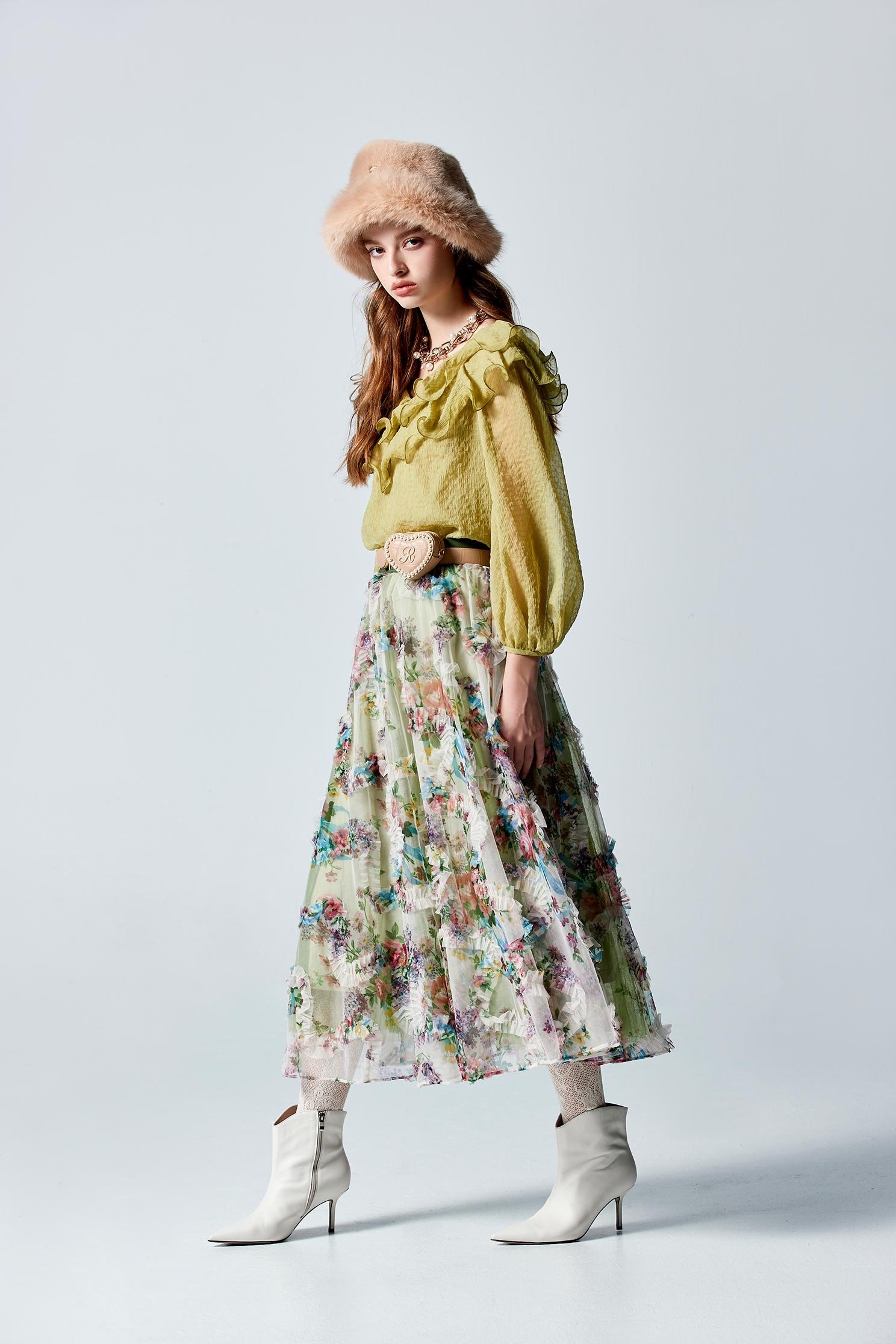 Floral Print Mesh Skirt With Pleated RuffleFloral Print Mesh Skirt With Pleated Ruffle,Season (AW) Look,Mesh fabric,Tutu skirts,Midi skirts