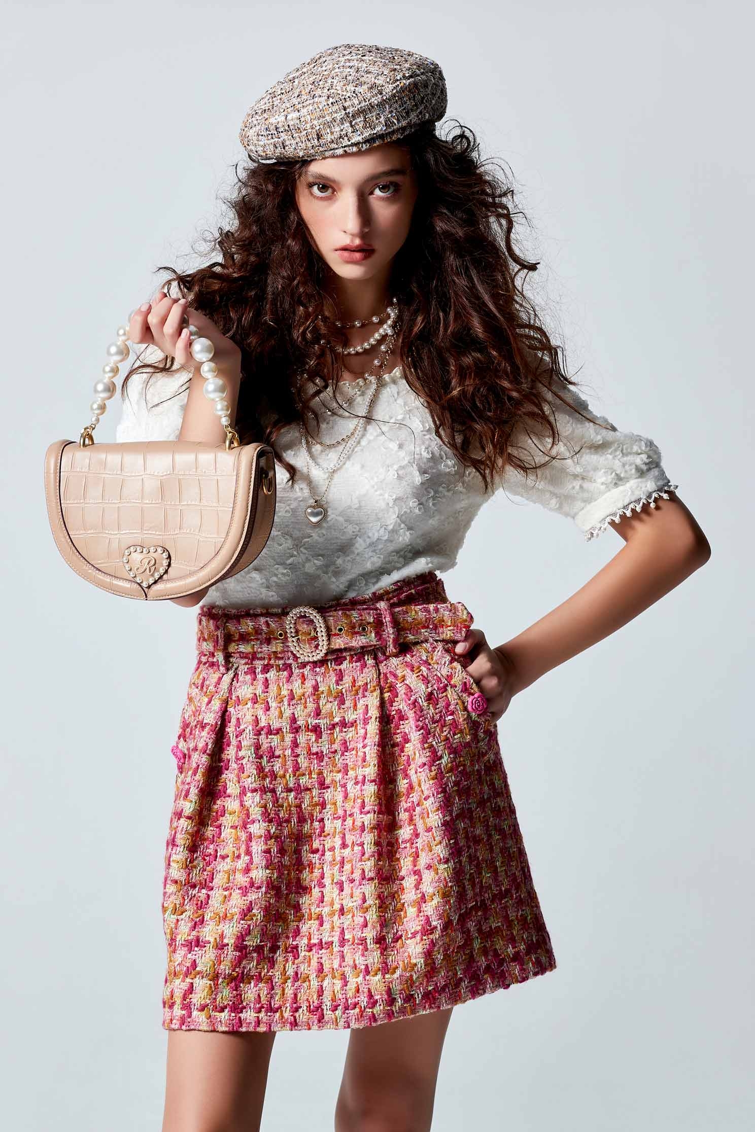 Front Pleat Tweed SkirtFront Pleat Tweed Skirt,pearl,Mini skirts,Season (AW) Look,Belts